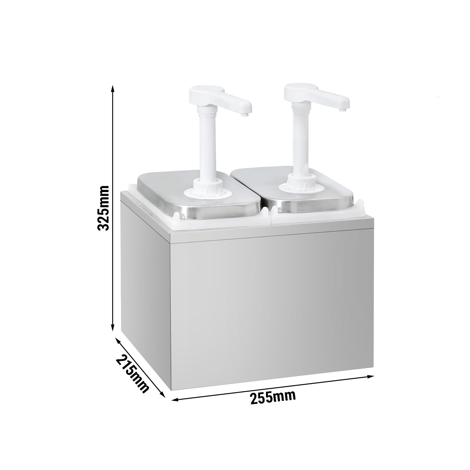Commercial Condiment Dispenser - 2x 2 litres - with container - Stainless steel 18/8 - Polypropylene containers - adjustable dose - 255x215x325mm - incl. stainless steel frame