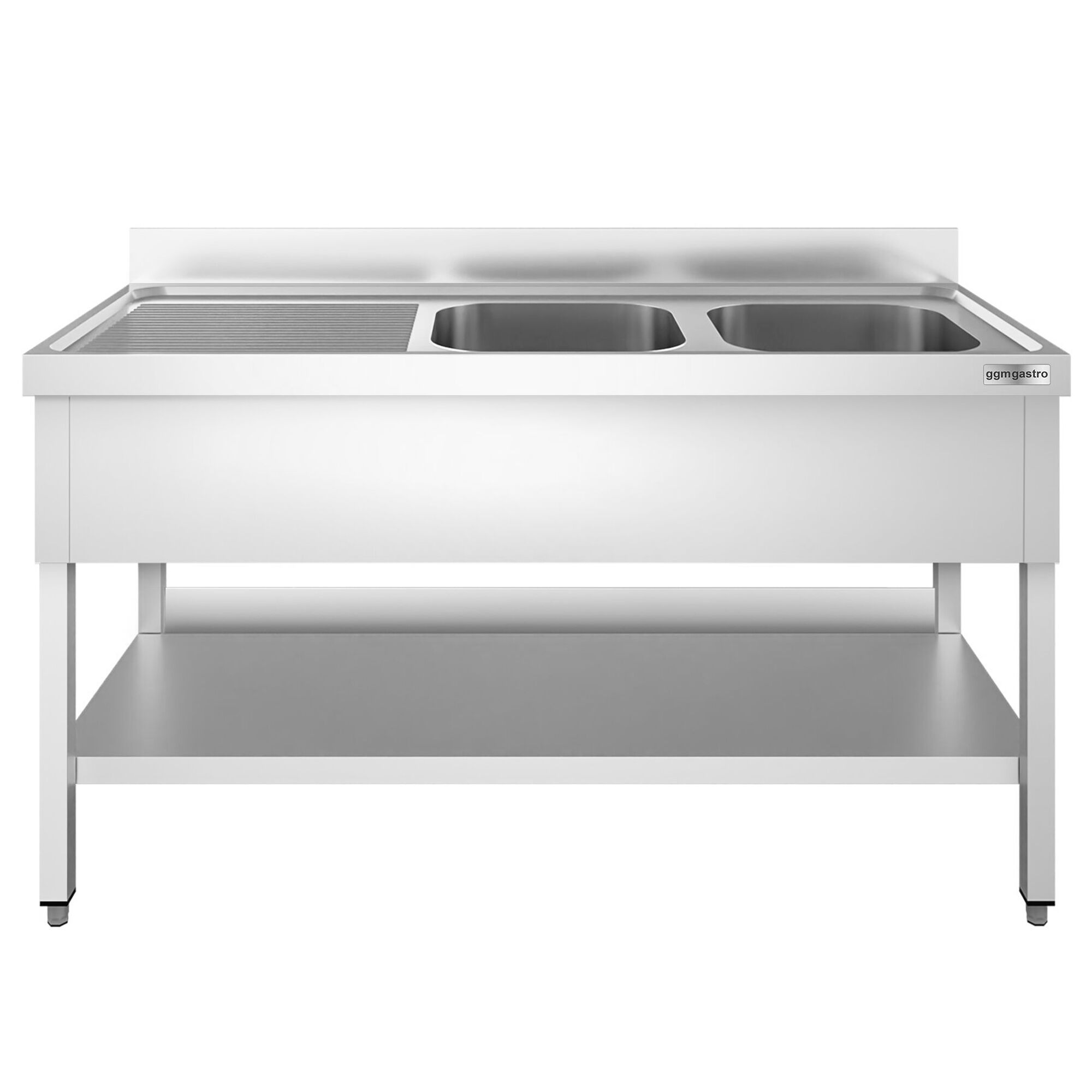 Plonge en inox PREMIUM - 1400x600mm - avec étagère basse - 2 bacs à droite