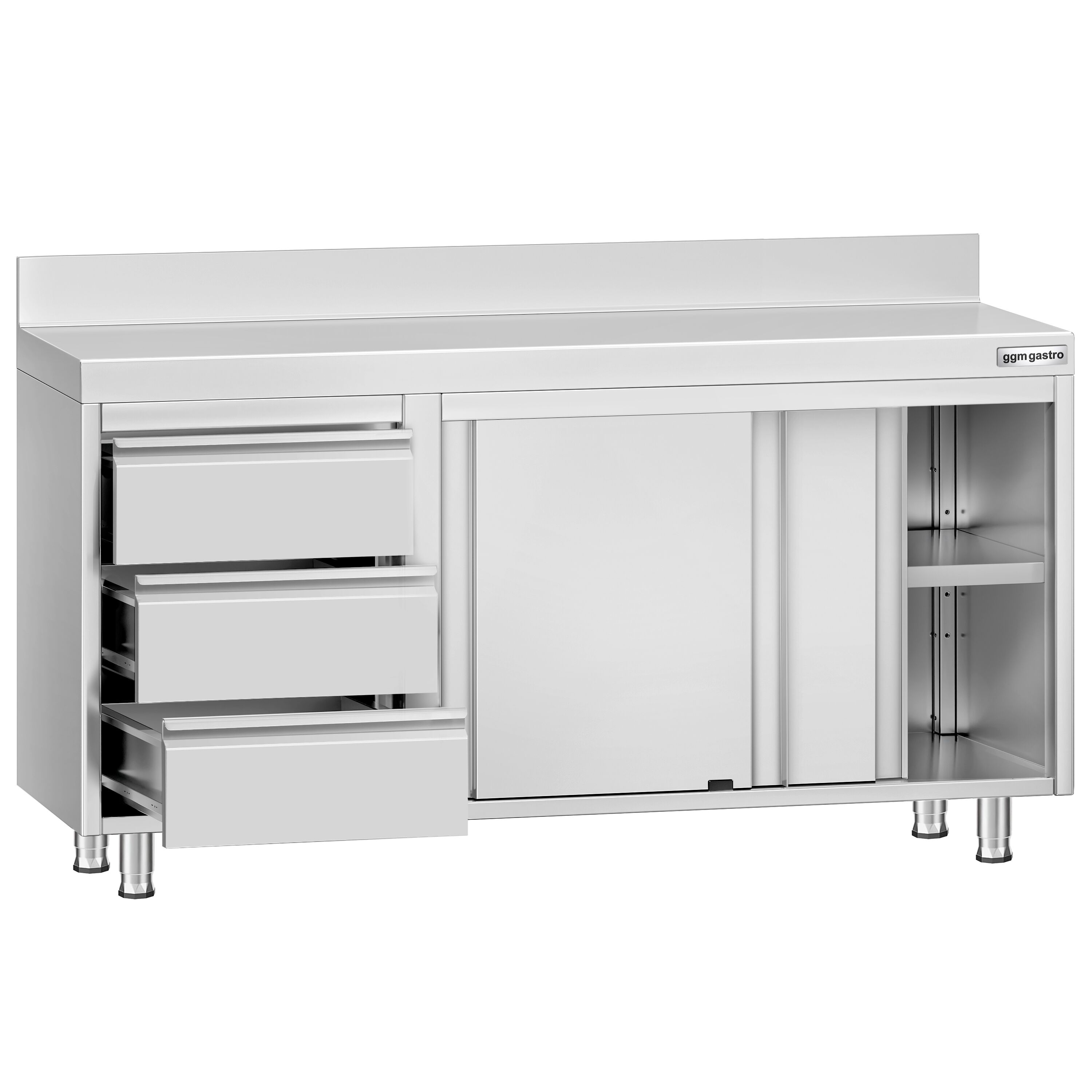 Table armoire en acier inoxydable ECO - 1400x600mm - avec 3 tiroirs à gauche et portes coulissantes et étagère basse - avec dosseret