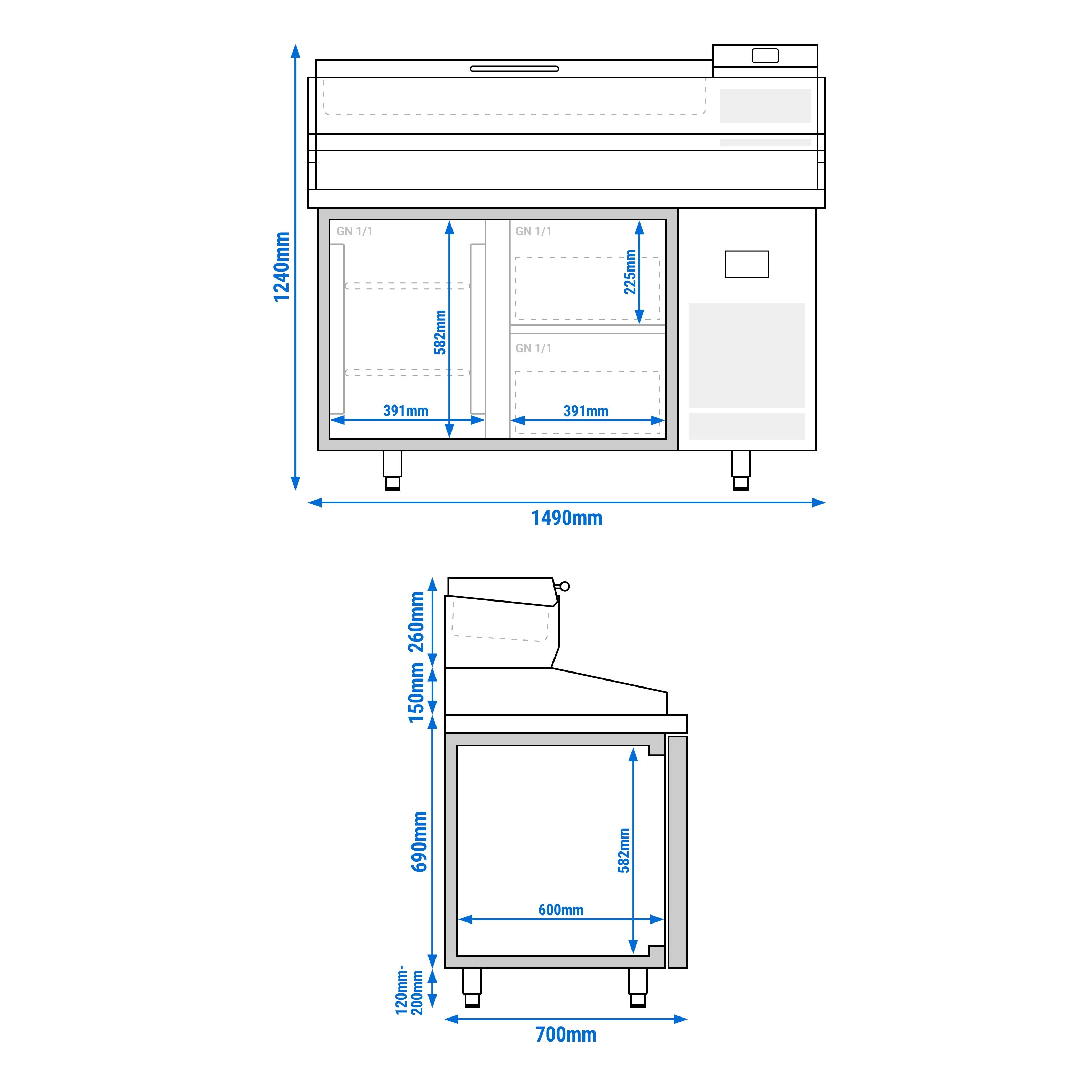 Table réfrigérée à pizza Premium PLUS - 1490x700 mm - avec 1 porte & 2 tiroirs - incl. vitrine réfrigérée - 6x GN 1/4