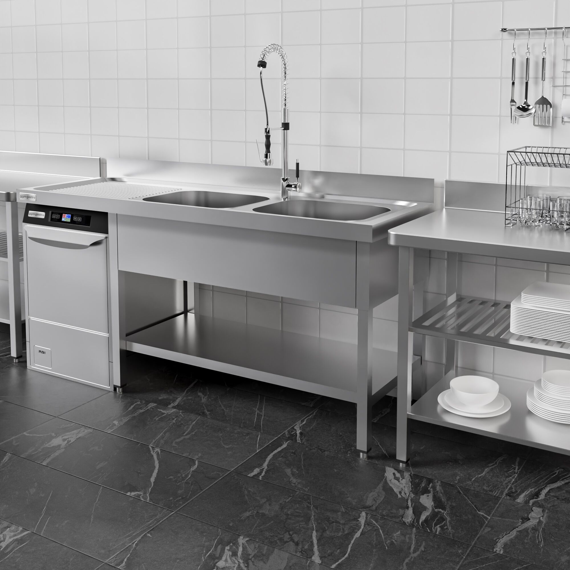 Diskbänk för diskmaskin PREMIUM - 1600x600 mm - med 2 hoar höger - med bakkant - med grundhylla