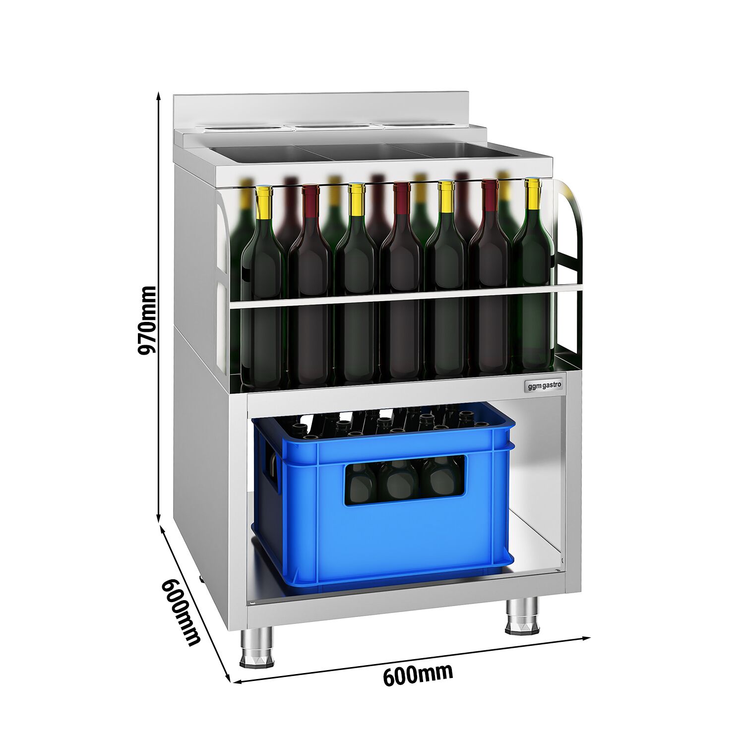 Station à cocktails - Acier inoxydable - 600x600mm - avec 3 bacs à glace et porte-bouteilles (speedrail)