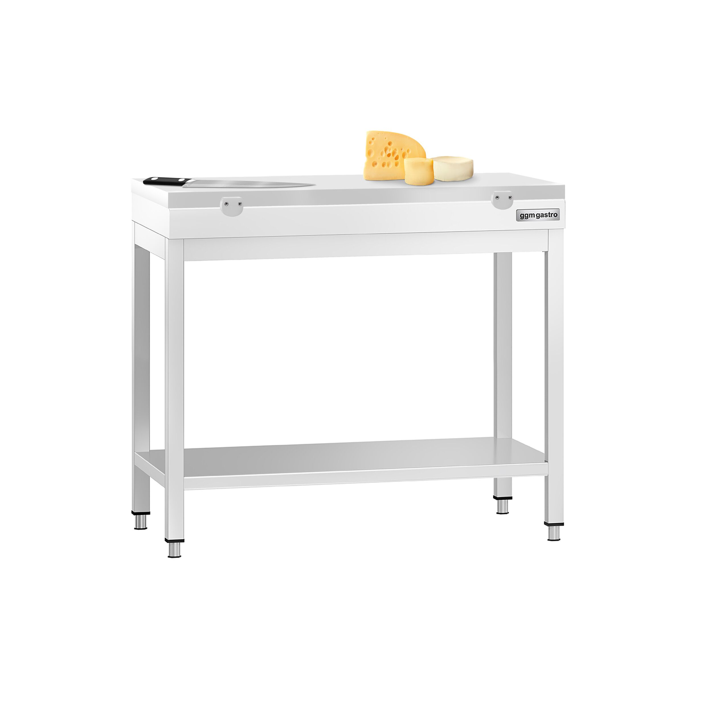 Stół roboczy centralny ze stali nierdzewnej PREMIUM - 800x600mm - z półką - z deską do krojenia Biały