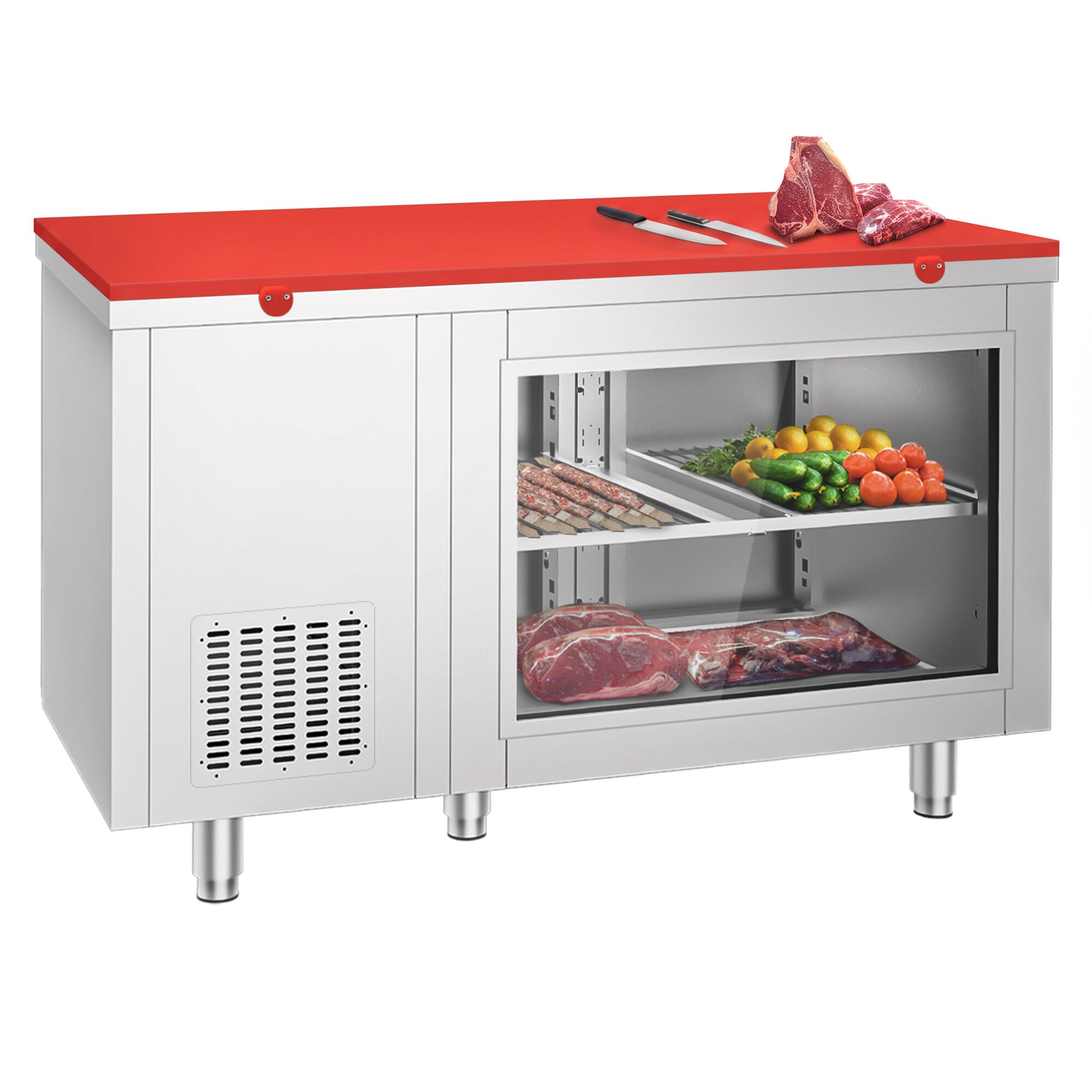 Refrigerated Counter – 1400 × 700 mm – Rear Side with 2 Doors – Glass Front – incl. Red Cutting Board