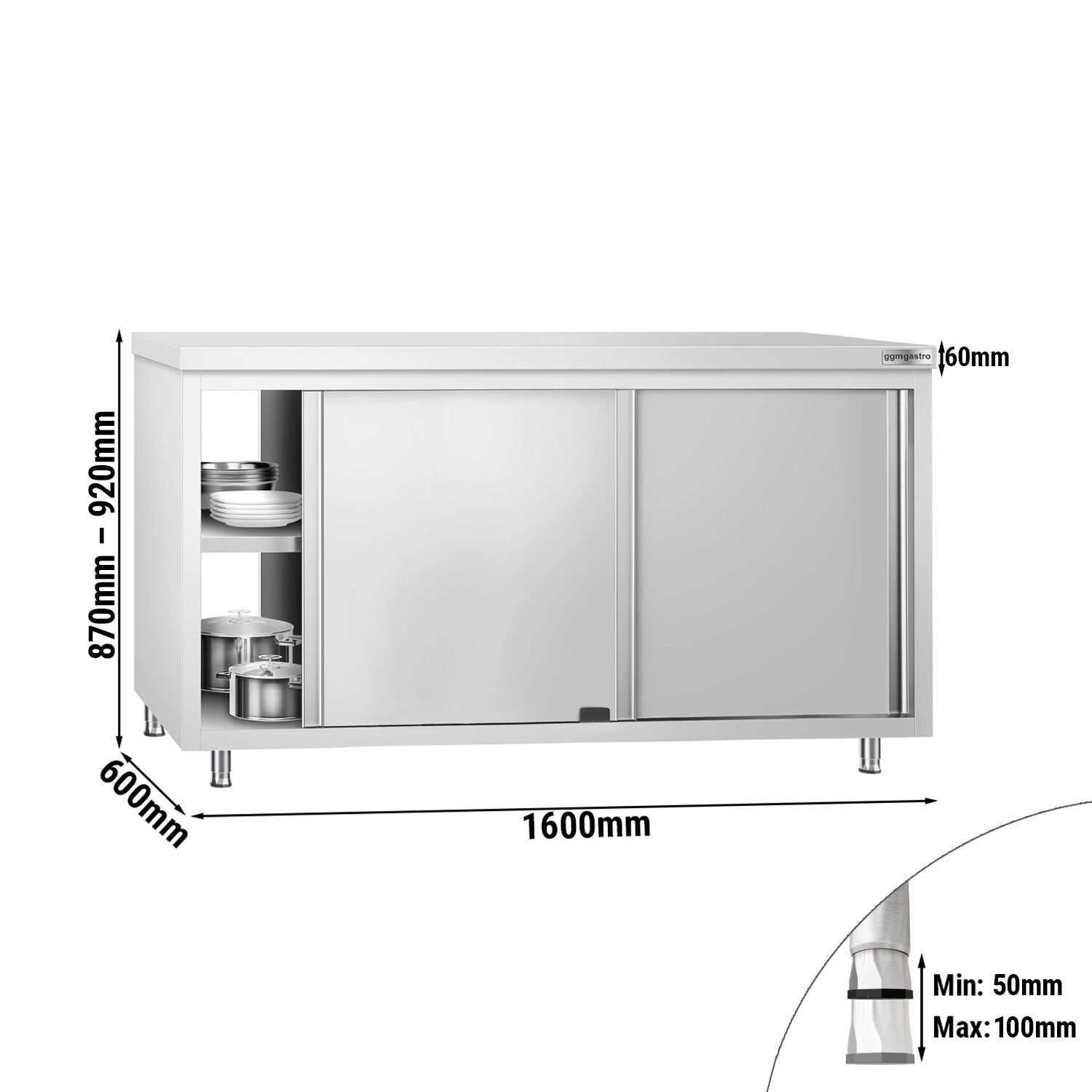 Table armoire en acier inoxydable PREMIUM - 1600x600mm - avec portes coulissantes et passe-plats