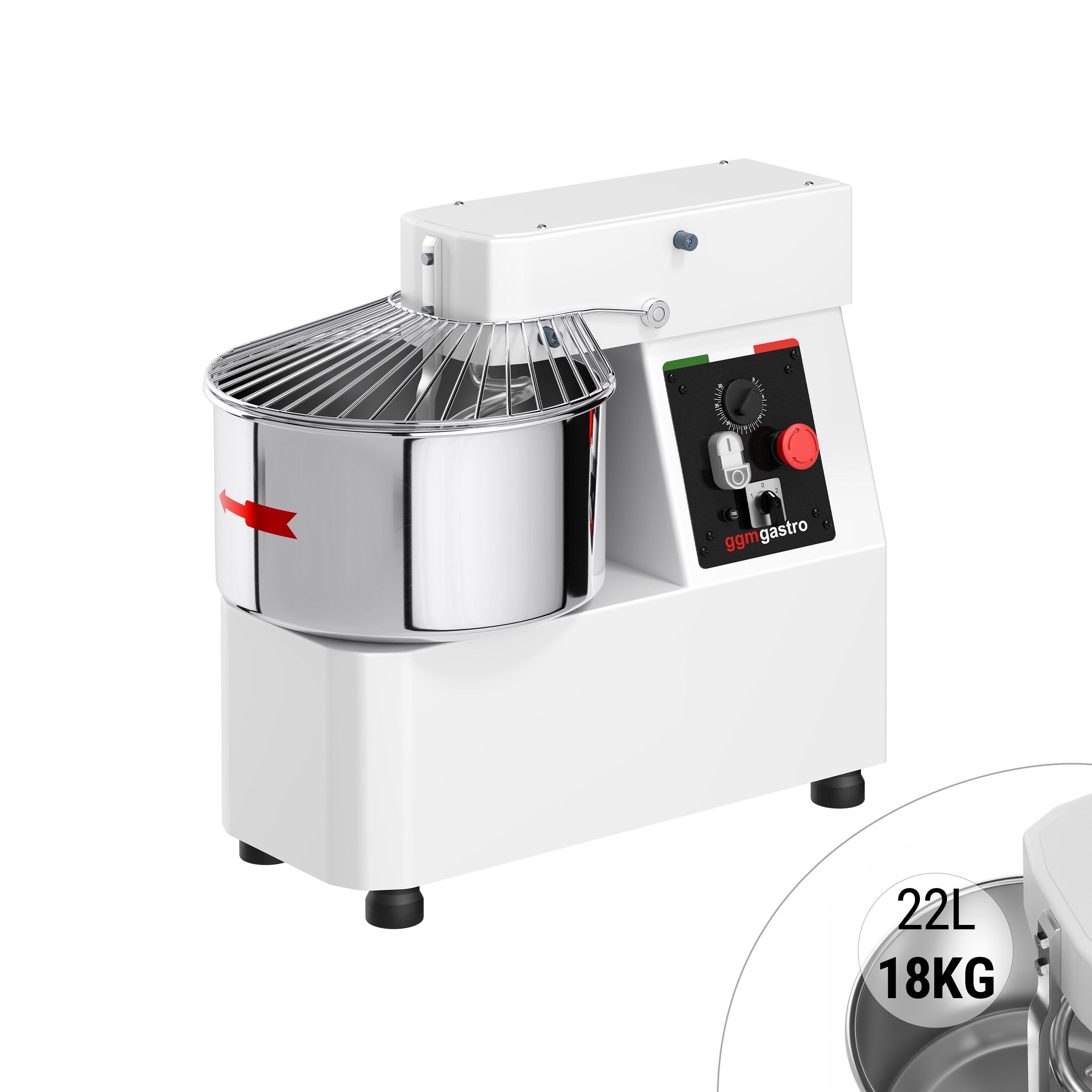 Pétrin à Pâte / Pétrin à spirale - 22 Litres / 18 kg - 2 Vitesses - avec Cuve Fixe - Fonction Minuterie