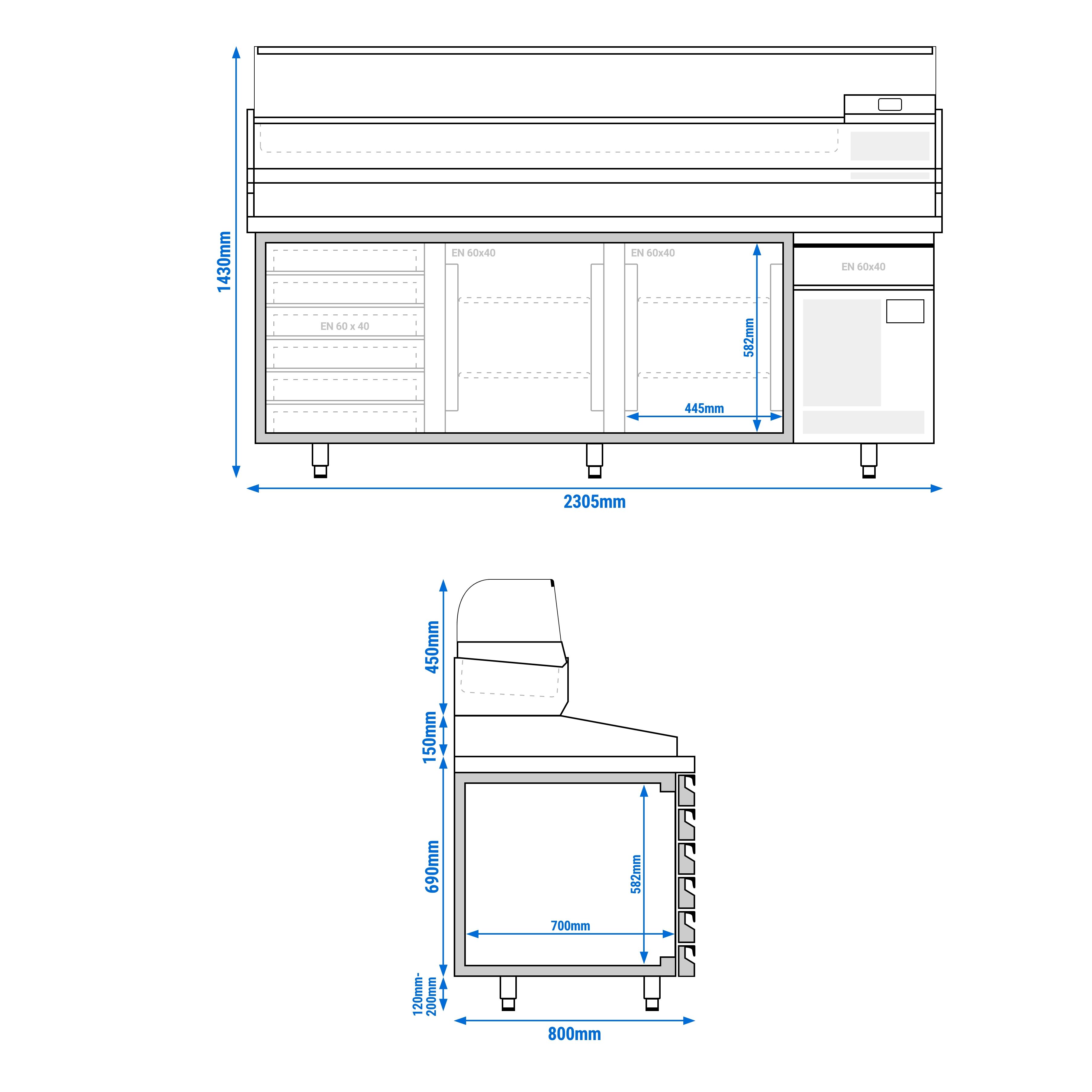Table réfrigérée à pizza Premium PLUS - 2305x800 mm - avec 2 portes & 7 tiroirs - incl. vitrine réfrigérée pour ingrédients - 11 bacs GN 1/4