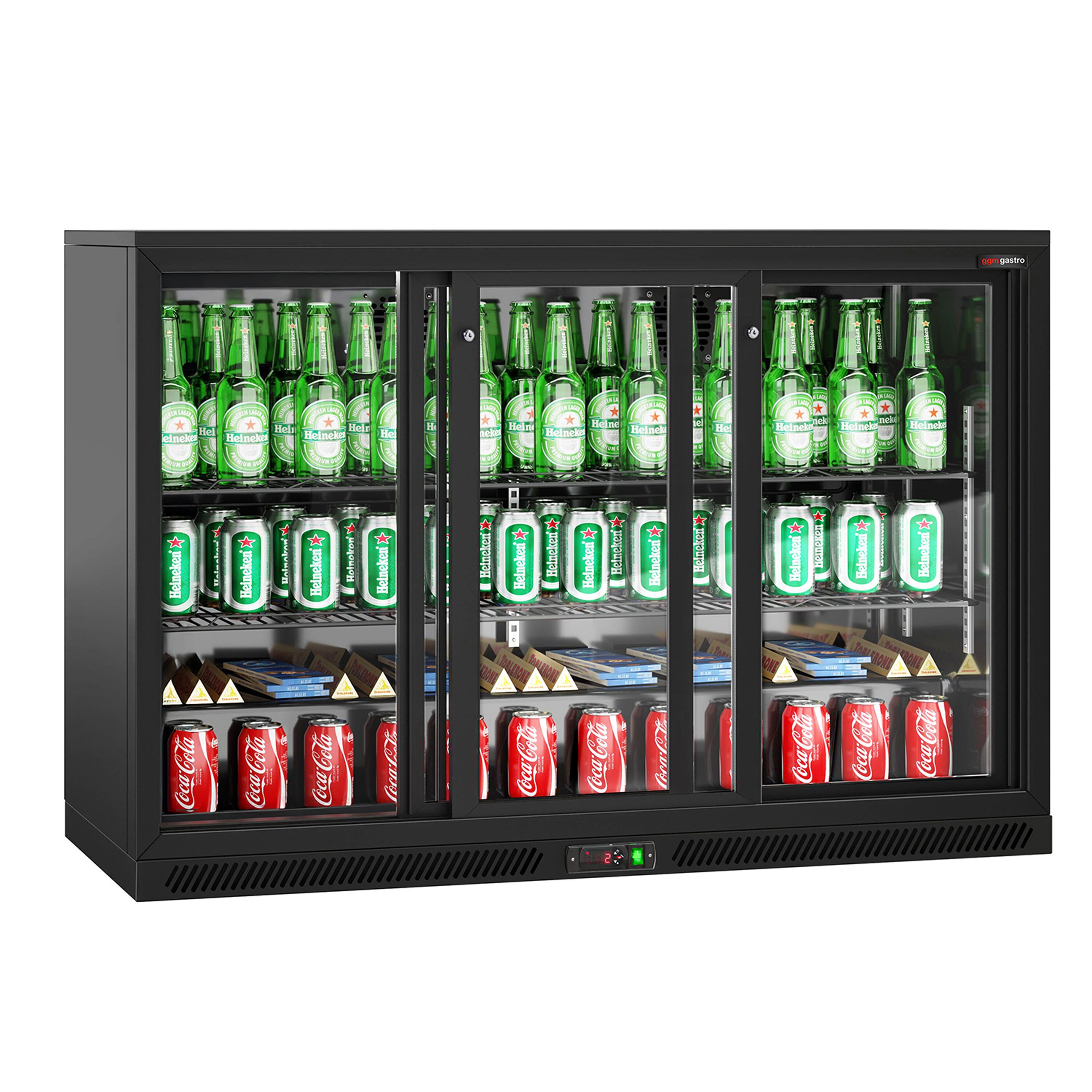 Réfrigérateur de bar – 1350 mm – 320 litres – avec 3 portes coulissantes en verre – Extérieur & intérieur Noir