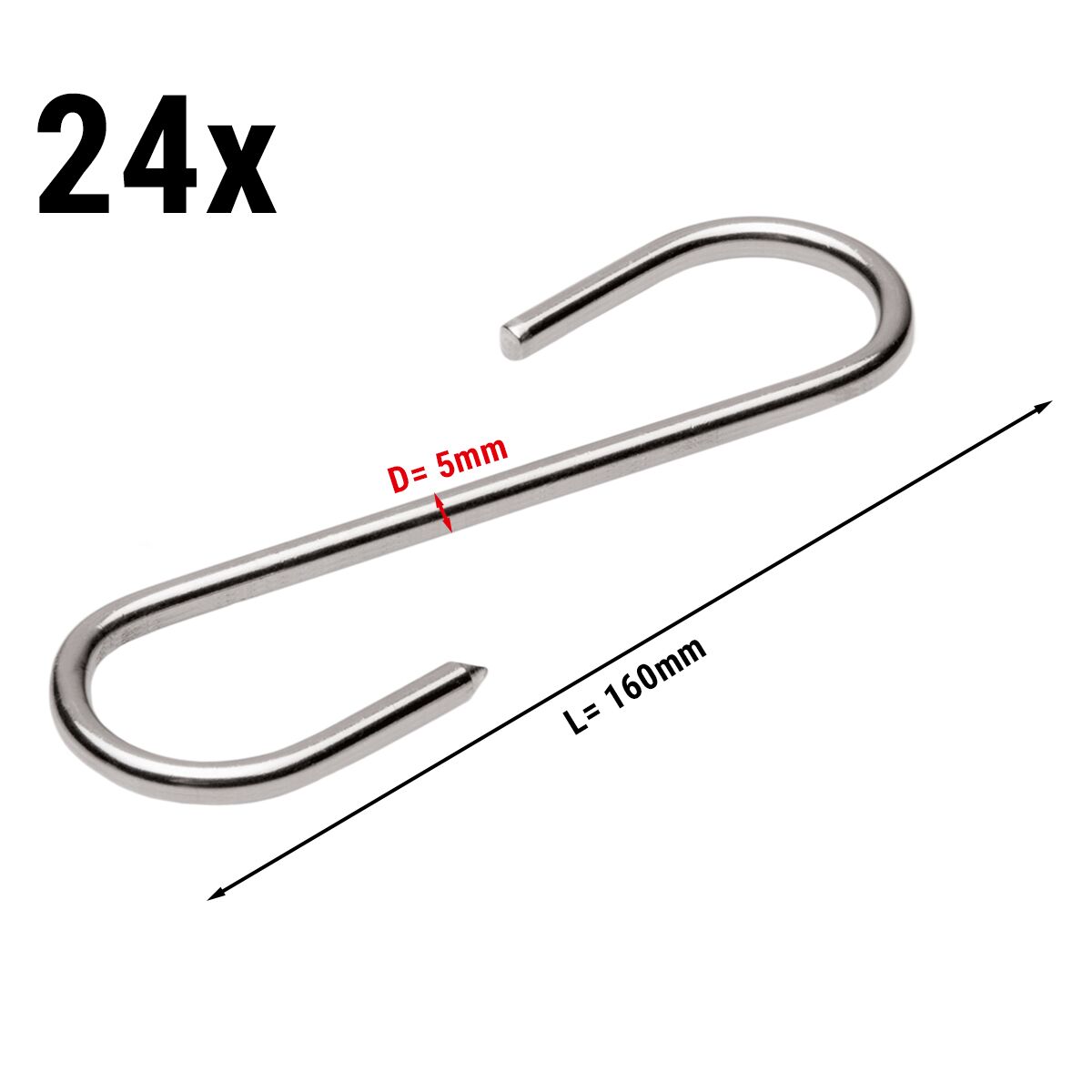(24 pcs) Meat hooks - Stainless steel - Length: 160mm - Thickness: 5mm - for meat maturing cabinet
