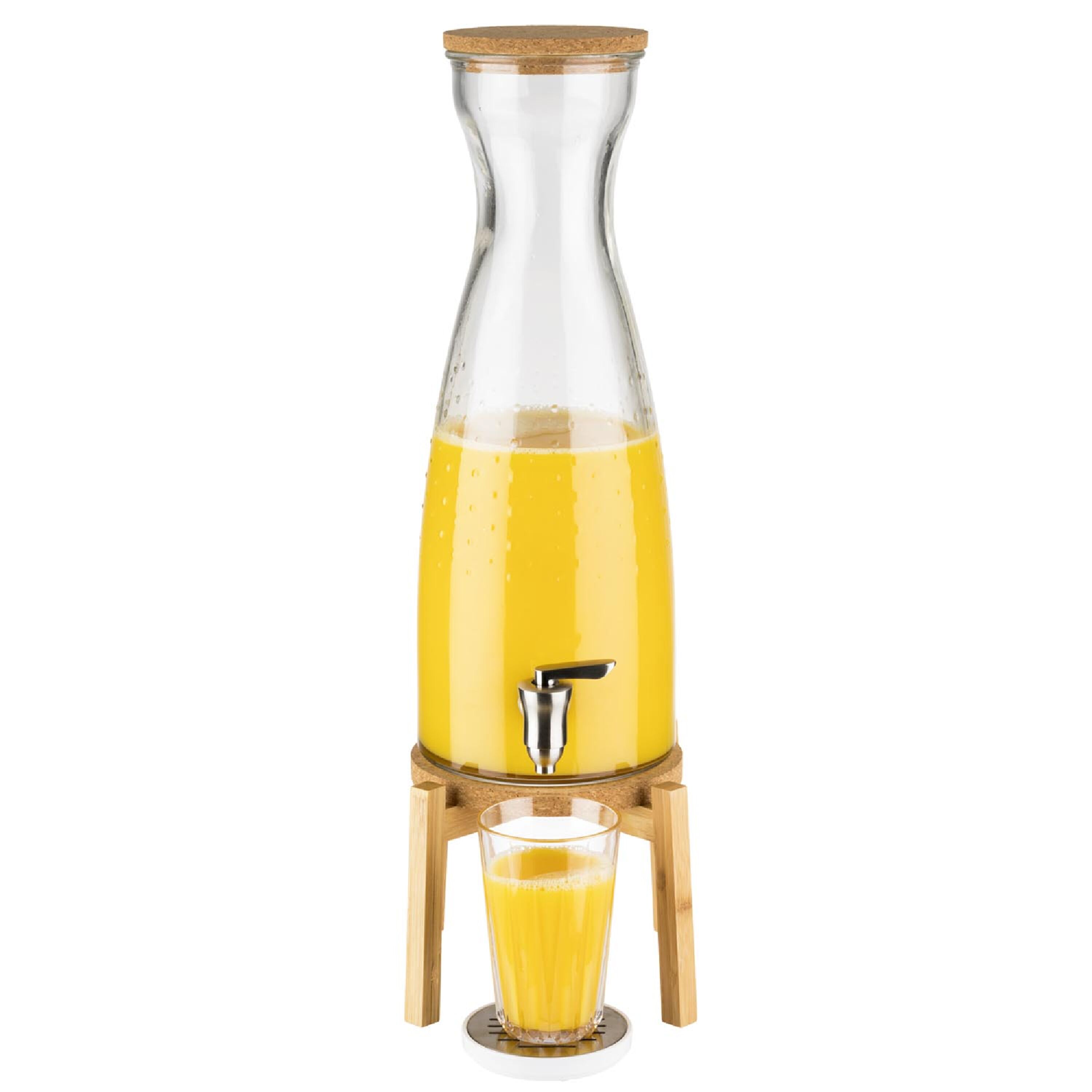 Distributeur de boissons - FRESH WOOD - Set en 2 pièces - Récipient en verre avec robinet - 4,5 Litres - incl. Support