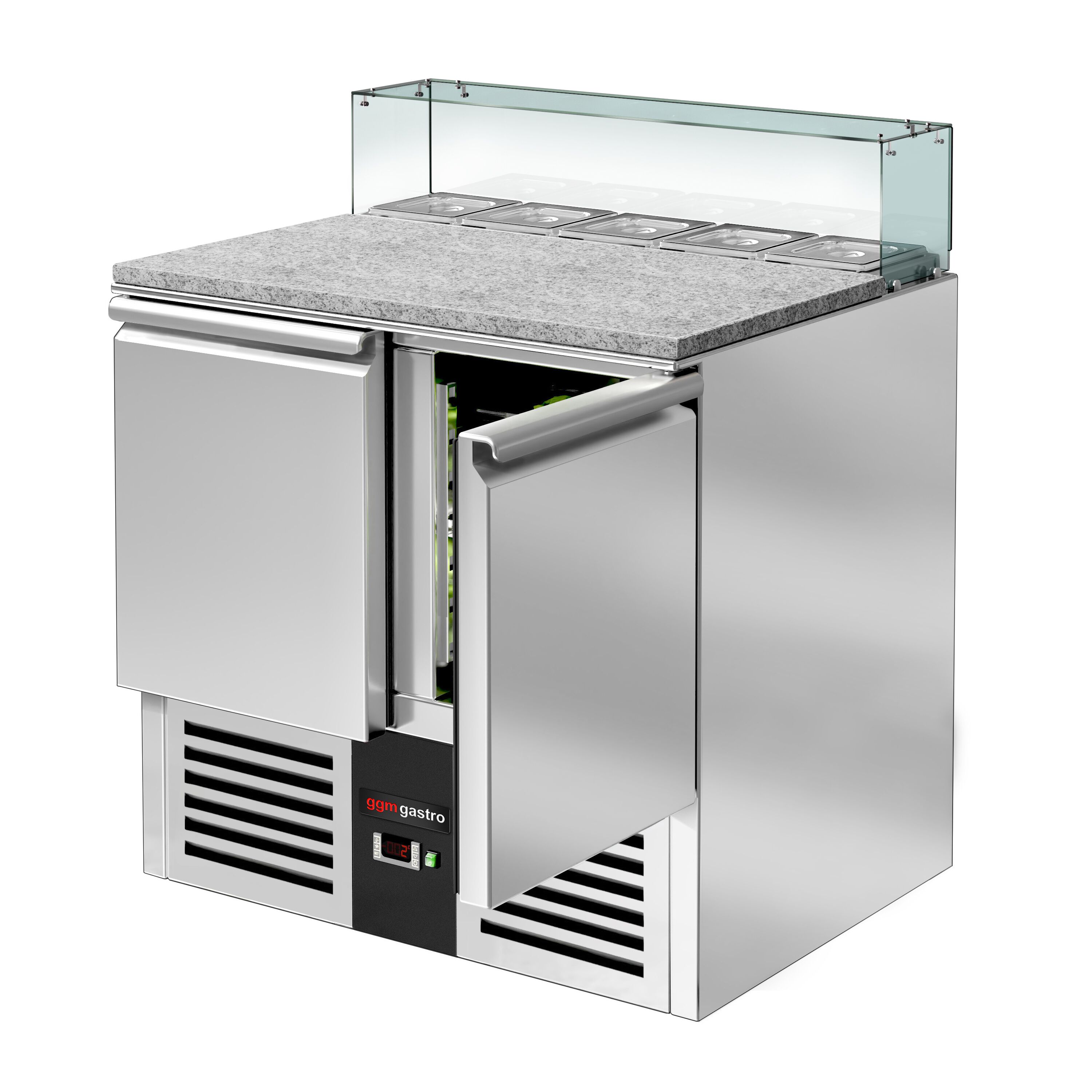 Saladette réfrigérée PREMIUM - 900mm - 240L - 2 portes - avec vitrine de comptoir pour 5x GN 1/6