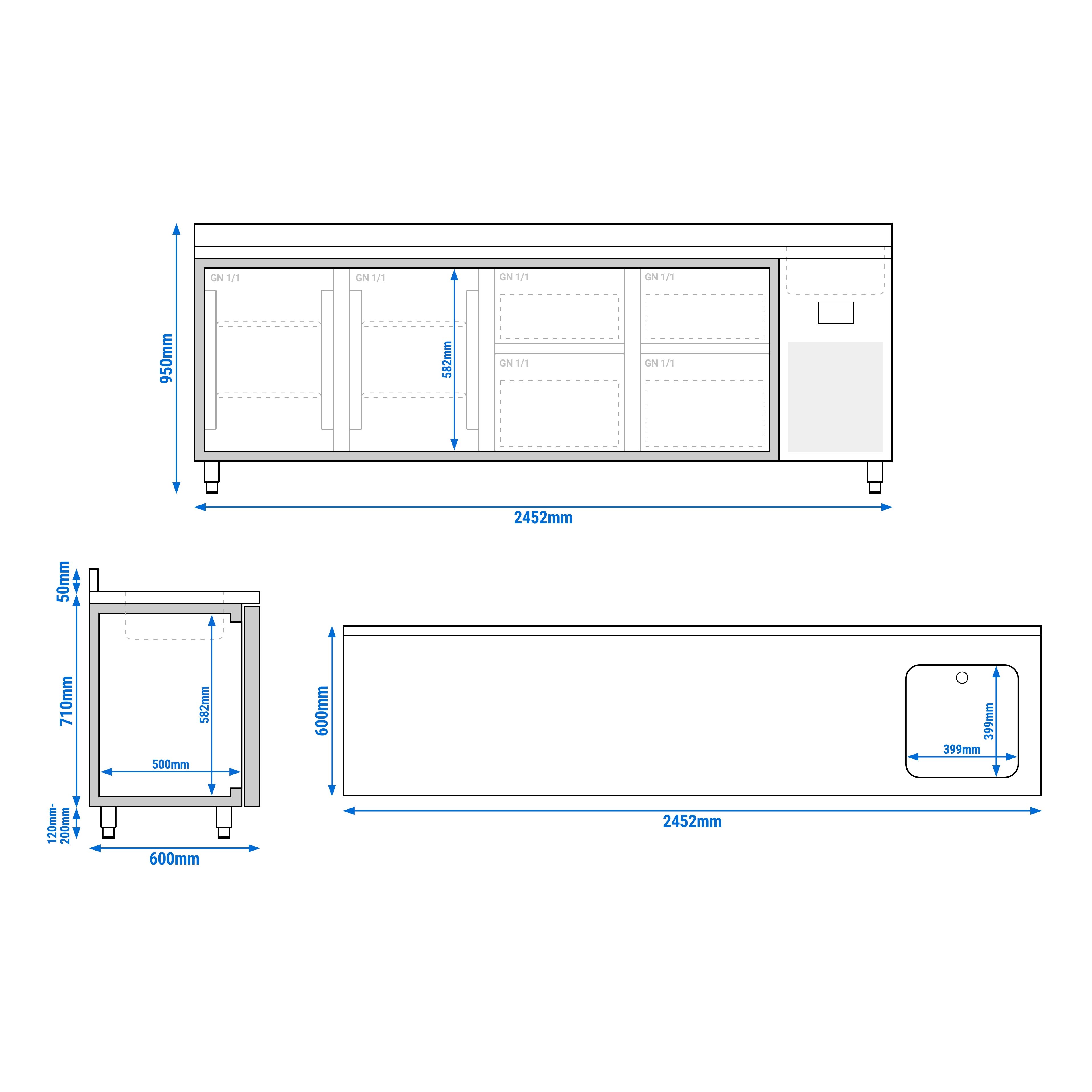 Balcão refrigerado PREMIUM PLUS - 2452x600mm - 510L - 2 portas; 4 gavetas - -2 a +8°C; com bacia; com ressalto traseiro