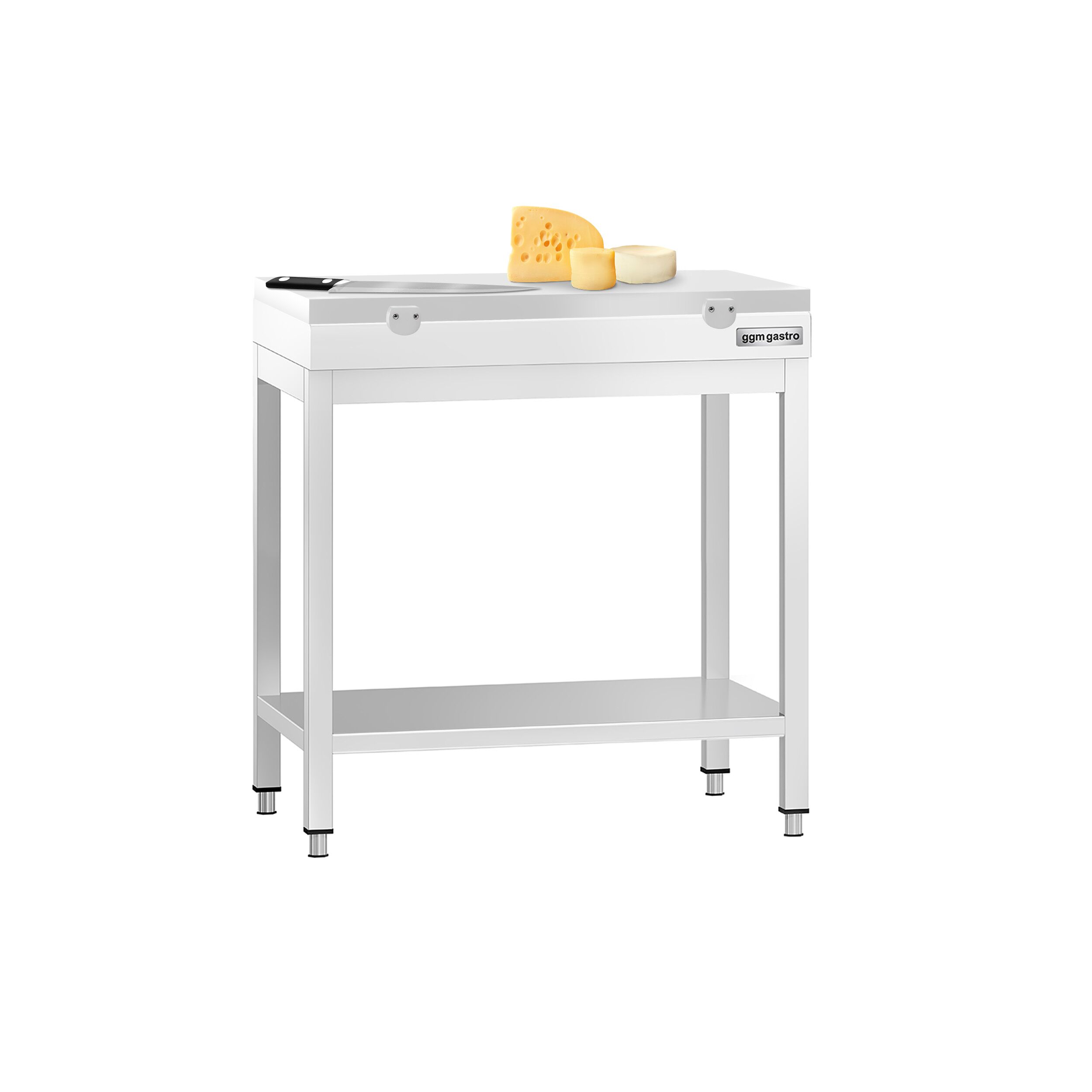 Stół roboczy centralny ze stali nierdzewnej PREMIUM - 600x700mm - z półką - z deską do krojenia Biały