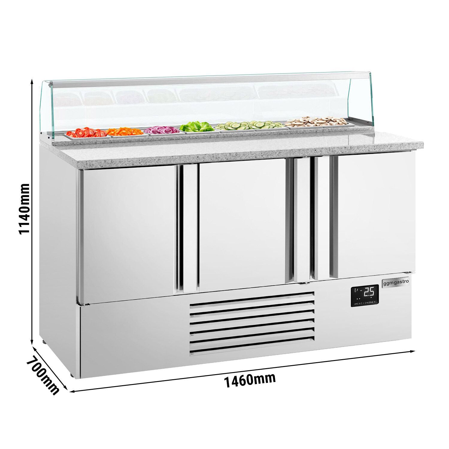 Saladette réfrigérée PREMIUM PLUS - 1460mm - 355L - 3 portes - avec vitrine de comptoir pour 8x GN 1/6 - plan de travail en granit noir