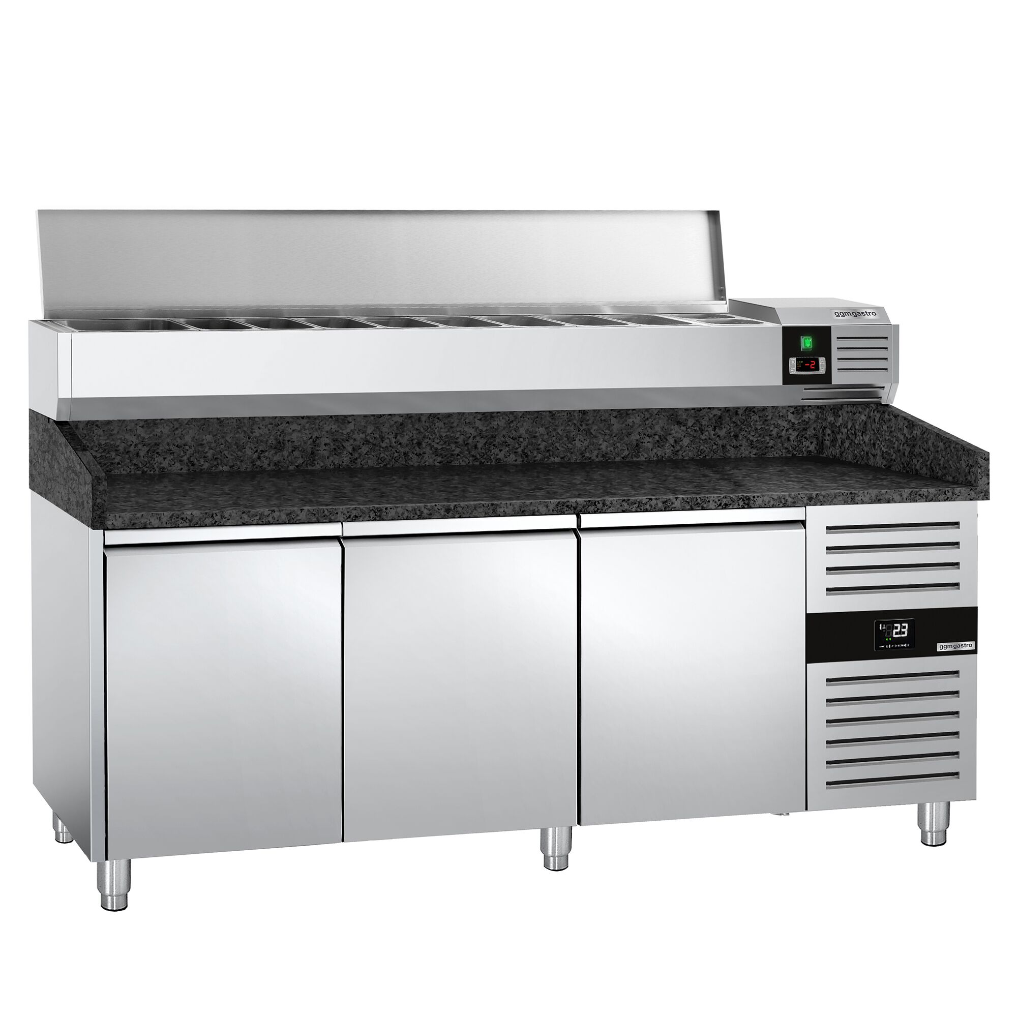 Table réfrigérée à pizza PREMIUM - 2000x800 mm - avec 3 portes - incl. vitrine réfrigérée - 10x GN 1/4