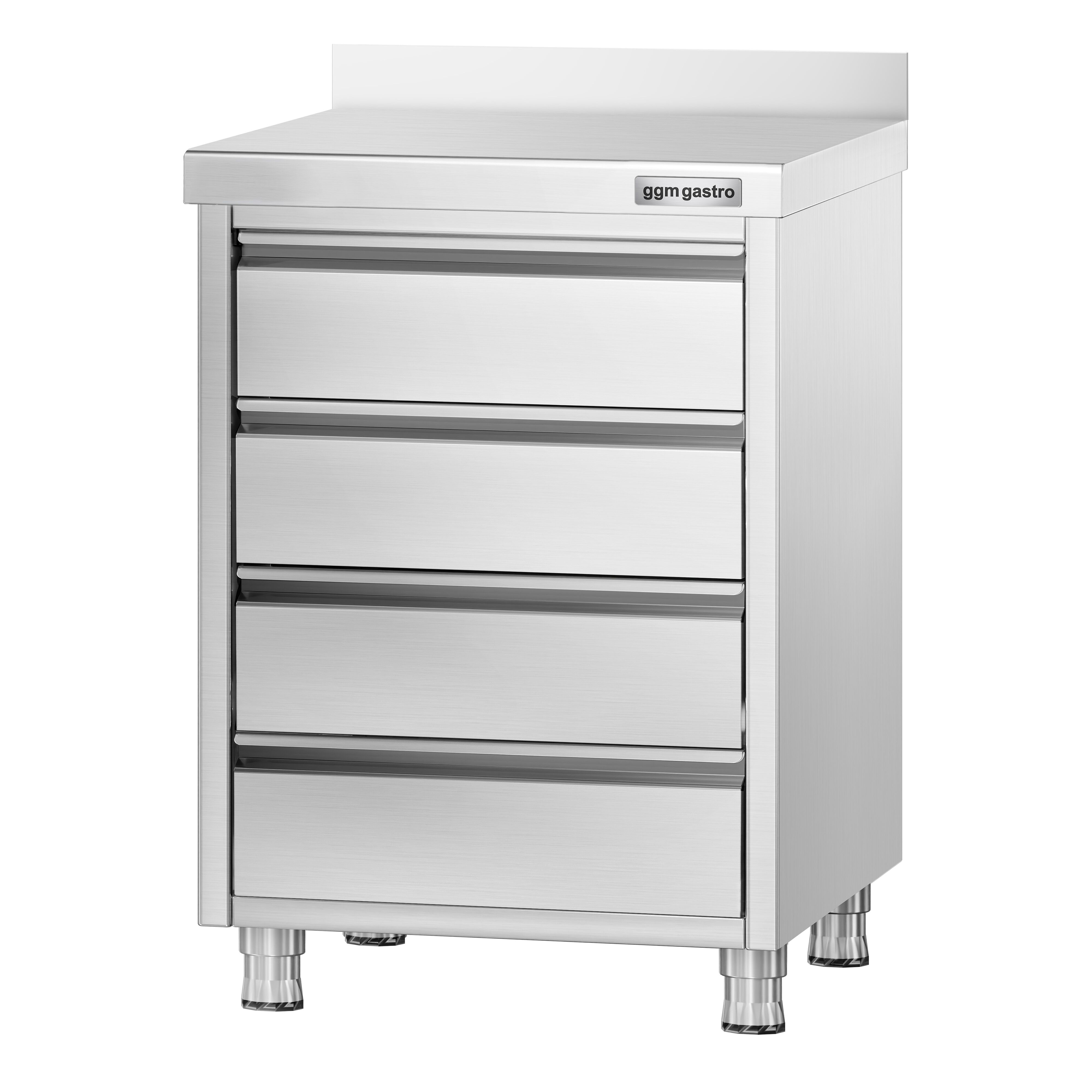 Meuble bas à tiroirs PREMIUM - Acier inoxydable - avec 4 tiroirs & dosseret 100mm - 500x600mm