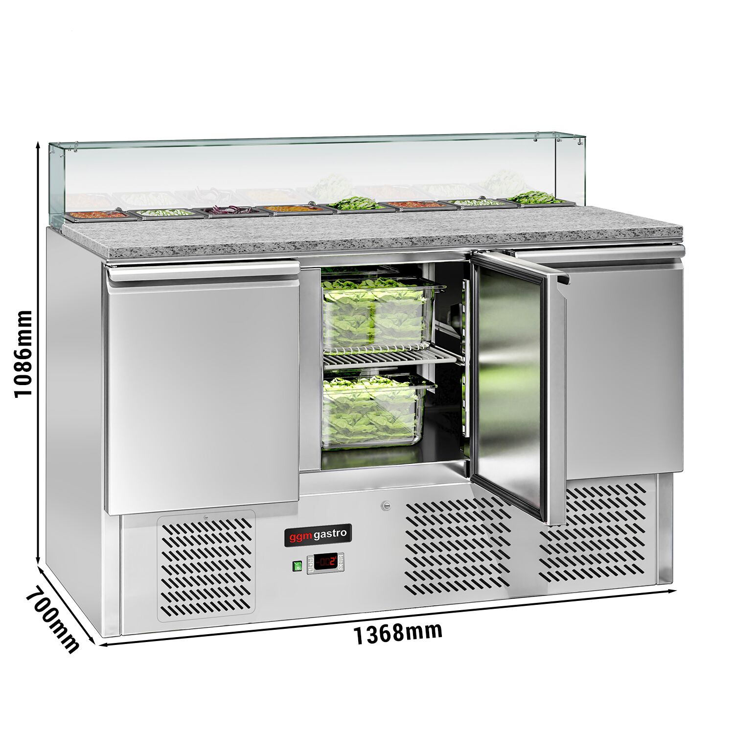 Saladette réfrigérée ECO - 1368mm - 368L - 3 portes - avec vitrine de comptoir pour 8x GN 1/6