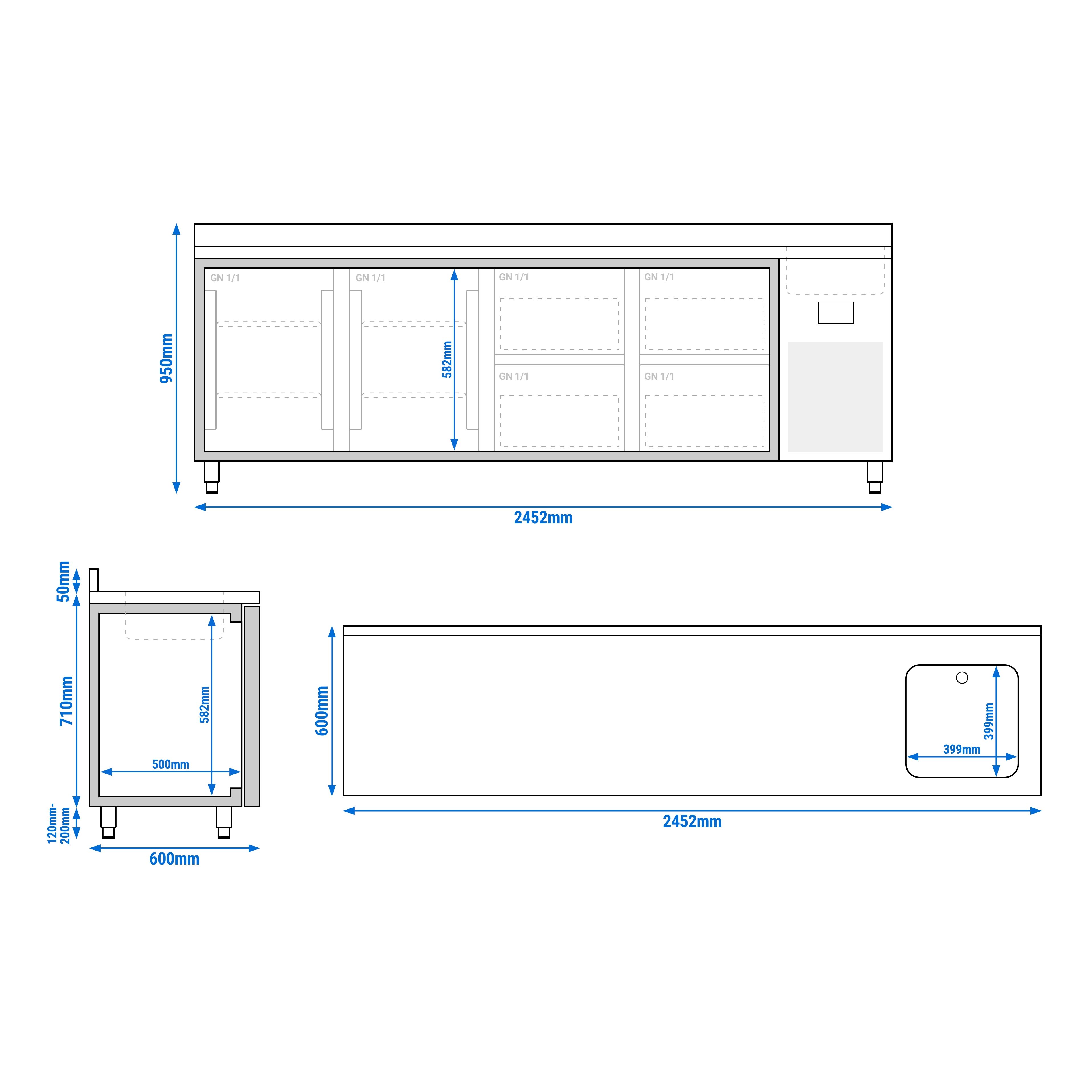 Table réfrigérée Premium PLUS - 2452 x 600 mm - avec 1 bac, 2 portes, 4 tiroirs - dosseret