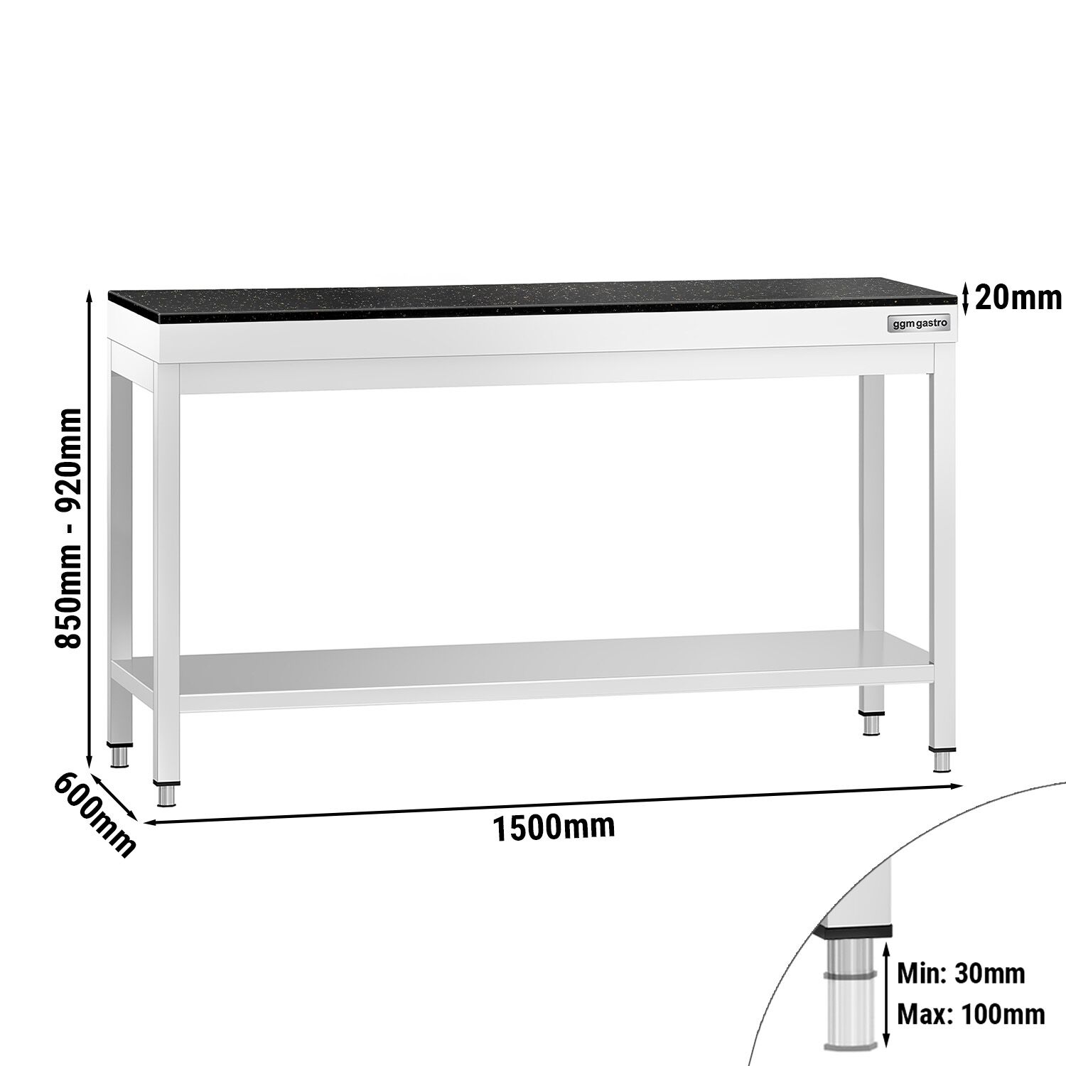 Table de travail inox PREMIUM - 1500 x 600 mm - avec tablette inférieure - incl. Plan de travail en Granit