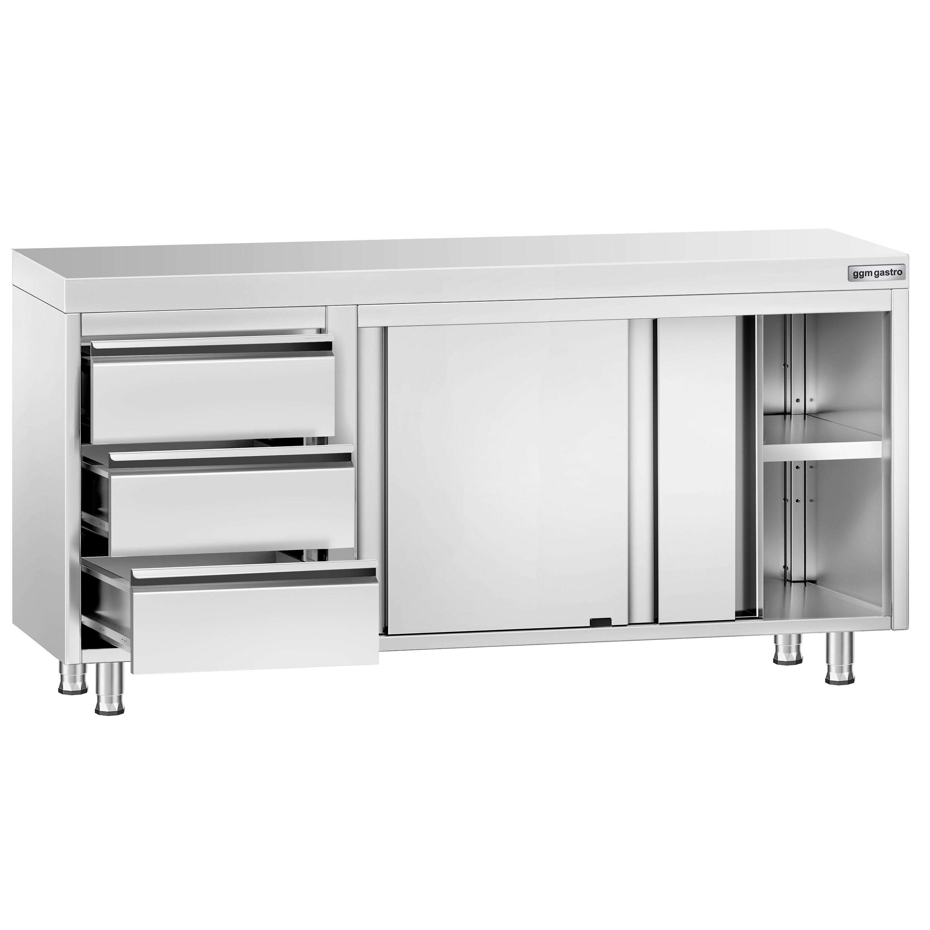 Table armoire en acier inoxydable PREMIUM - 1600x600mm - avec portes coulissantes et étagère basse - avec 3 tiroirs à gauche