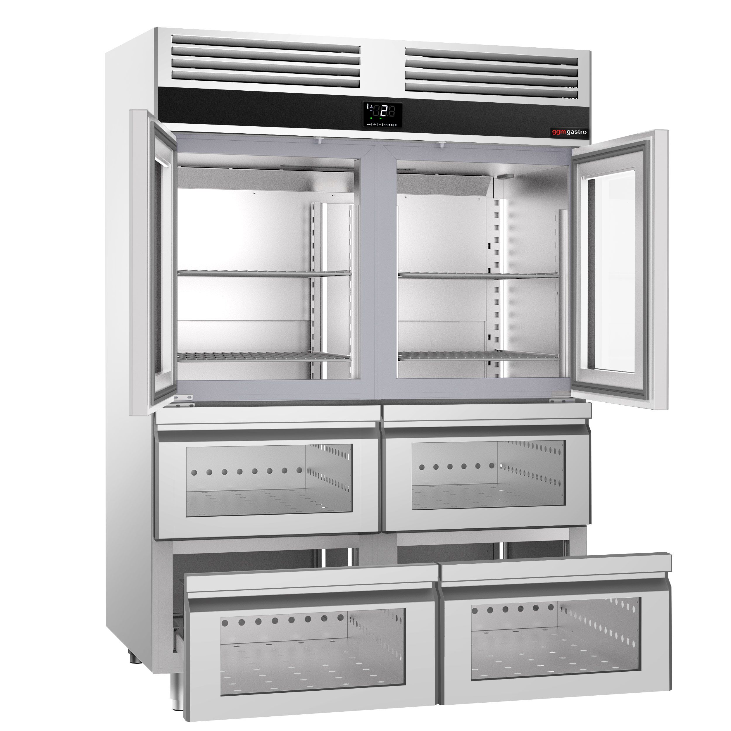 Armoire réfrigérée positive en acier inoxydable PREMIUM - GN 2/1 - 1400 L - avec 2 portes vitrées & 6 glissières & 6 grilles GN 2/1