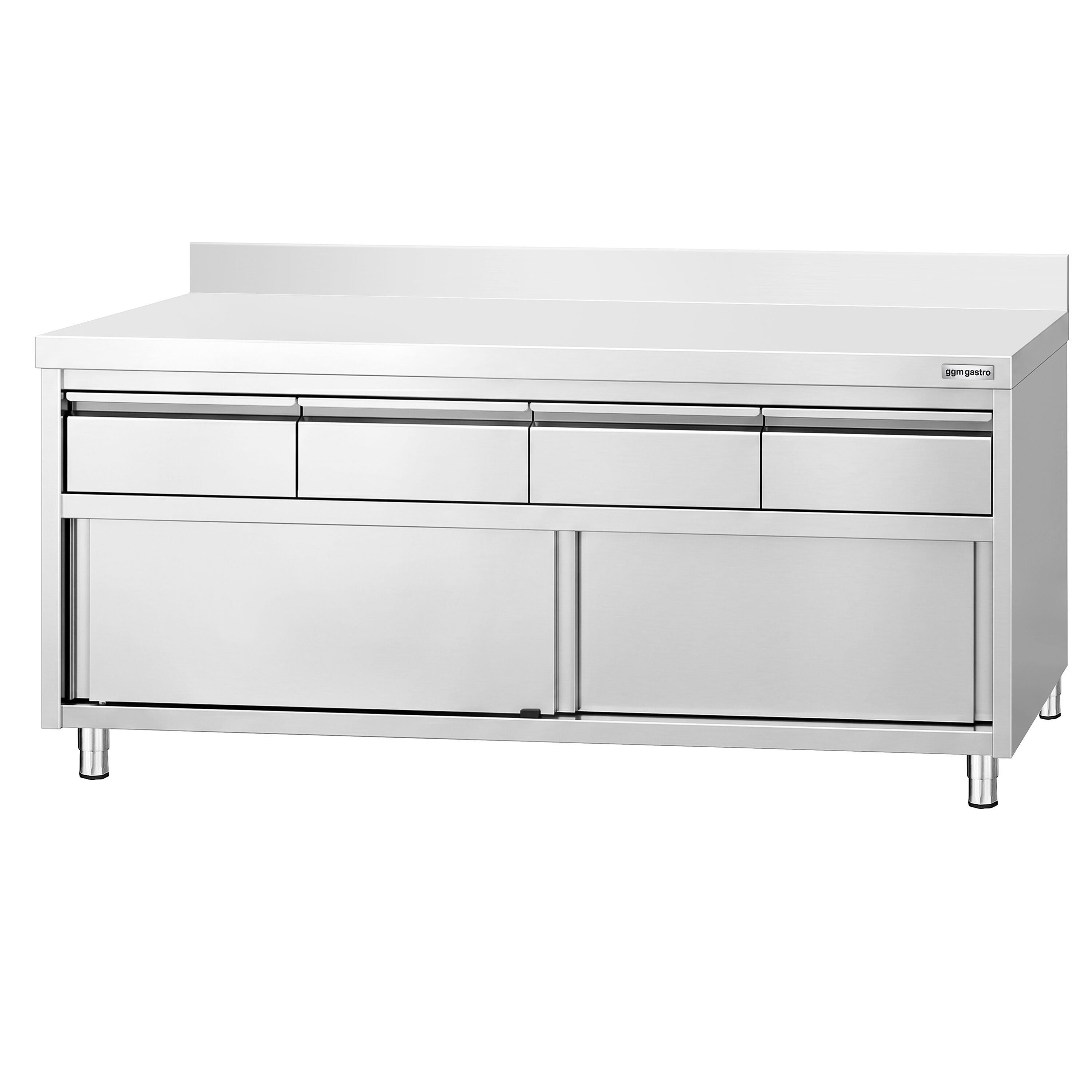 Armoire de travail en acier inoxydable PREMIUM - 2000 x 600 mm - avec rebord - avec 4 tiroirs et une porte coulissante