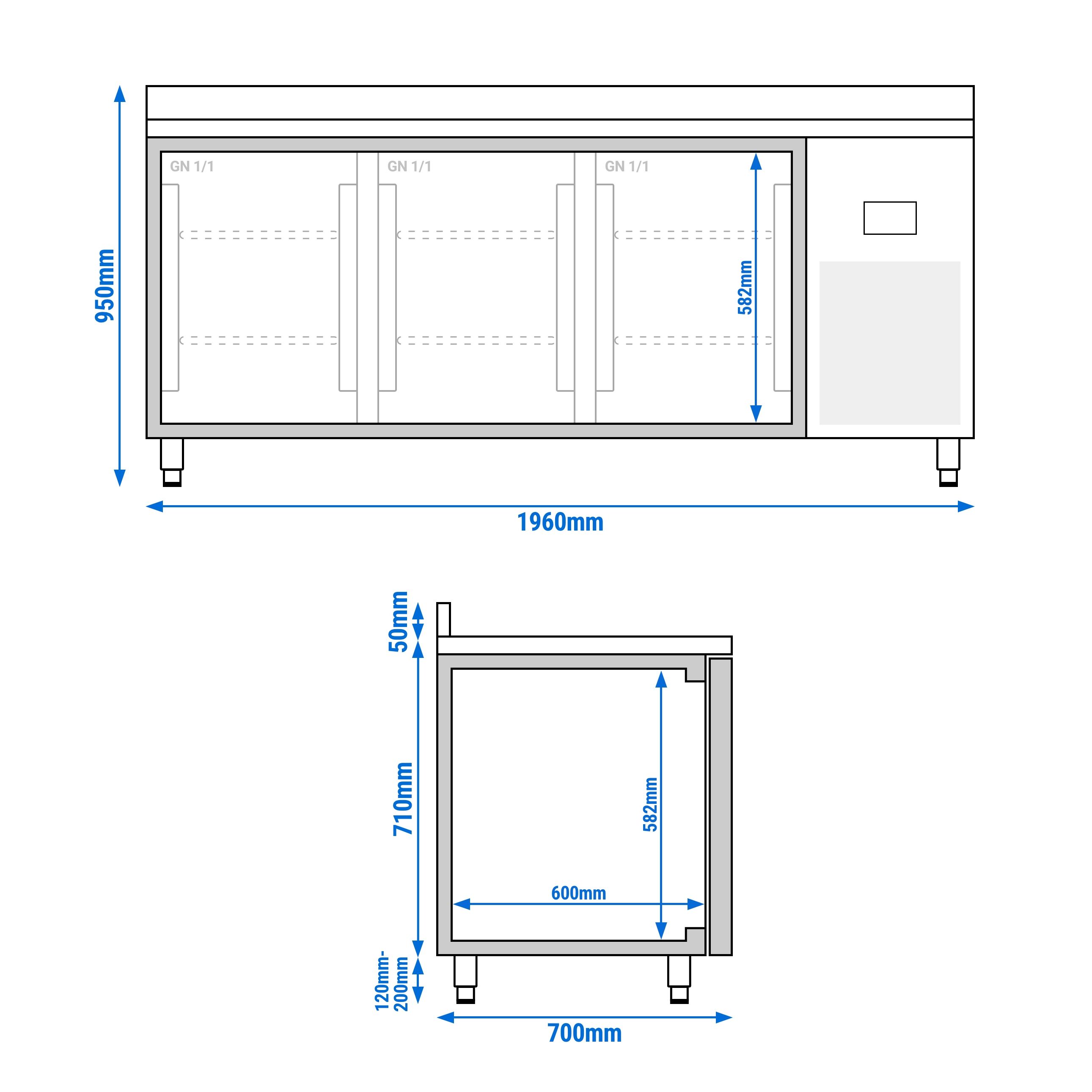 Table de congélation Premium PLUS - 1960x700 mm - avec 3 portes - avec dosseret