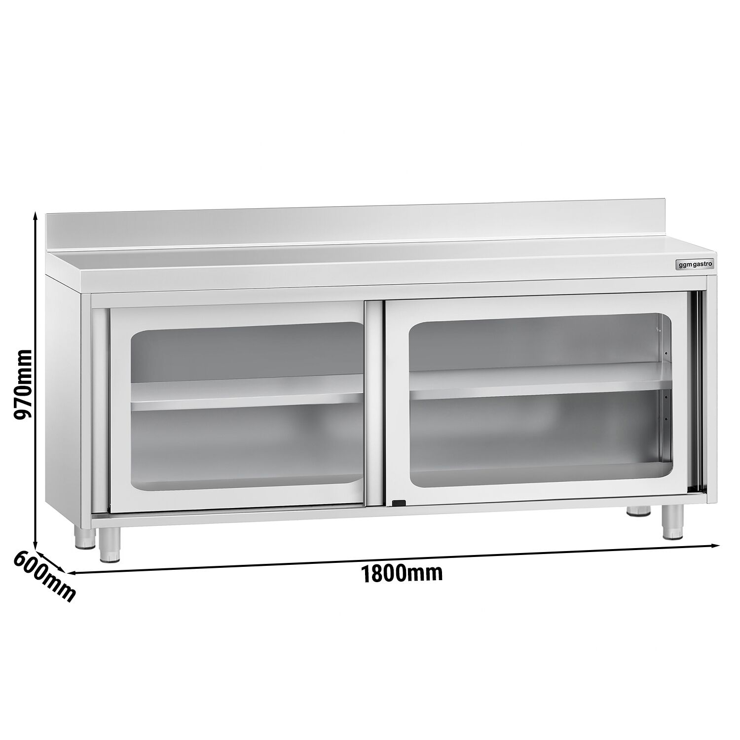 Table armoire en acier inoxydable PREMIUM - 1800x600mm - avec portes coulissantes vitrées et étagère basse - avec dosseret