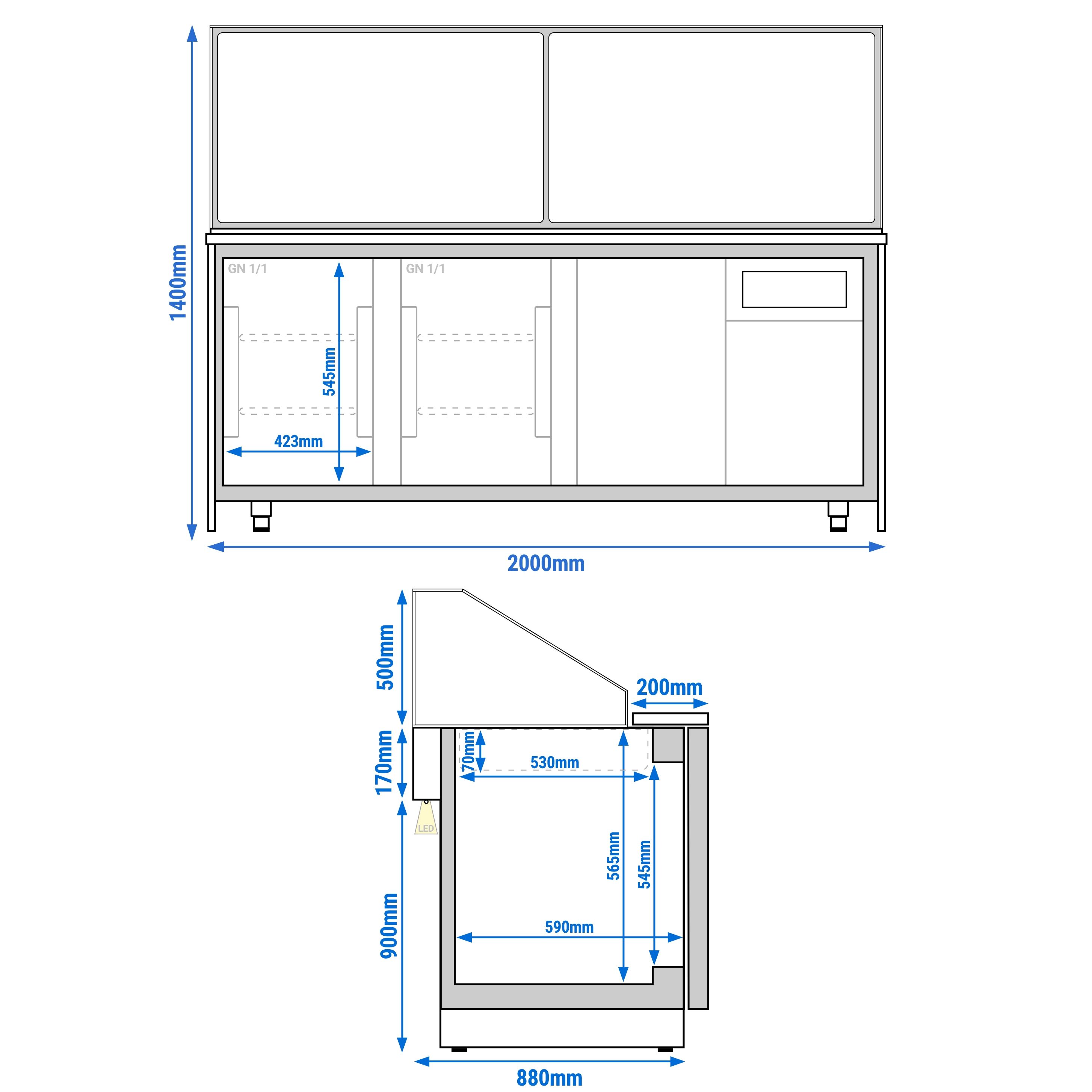 Saladette réfrigérée TORONTO - 2000mm - façade noire - 3 portes - avec vitrine de comptoir pour 5x GN 1/1 & 1 étagère - plan de travail en granit noir - 1200L