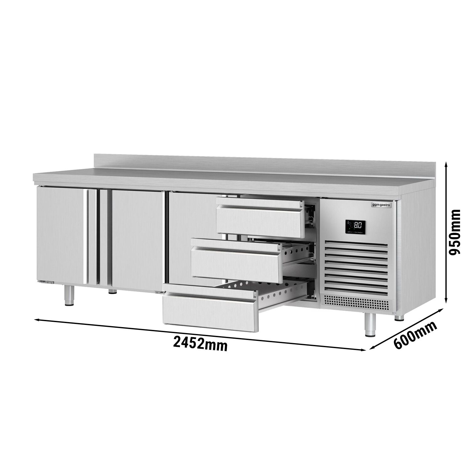 Table réfrigérée Premium PLUS - 2452x600 mm - avec 3 portes - 3 tiroirs - avec dosseret