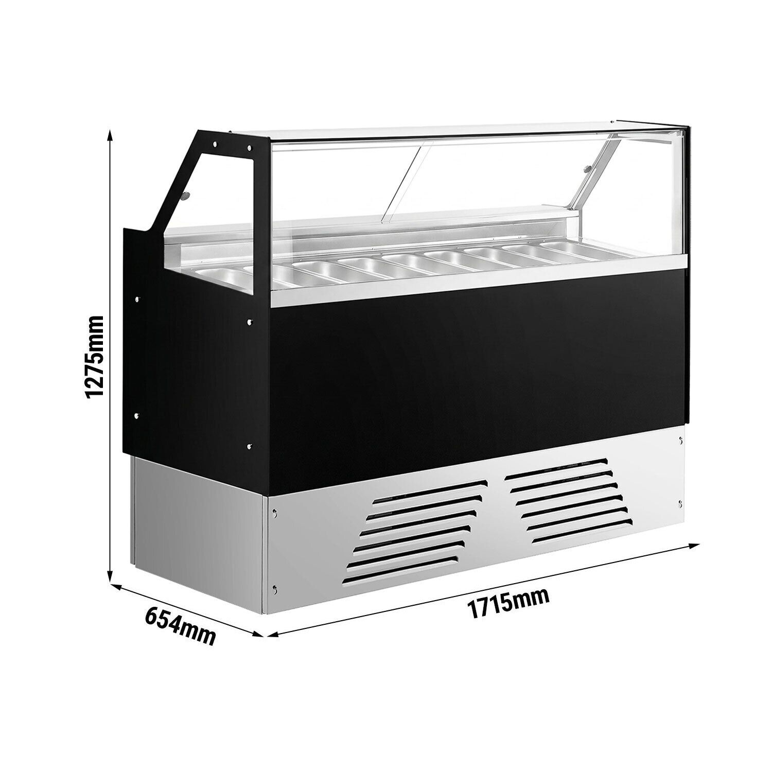 Vitrine à glace EMMA – 1710 mm – refroidissement ventilé – pour 9 bacs à glace de 5 litres ou 6 bacs de 7 litres – Noir