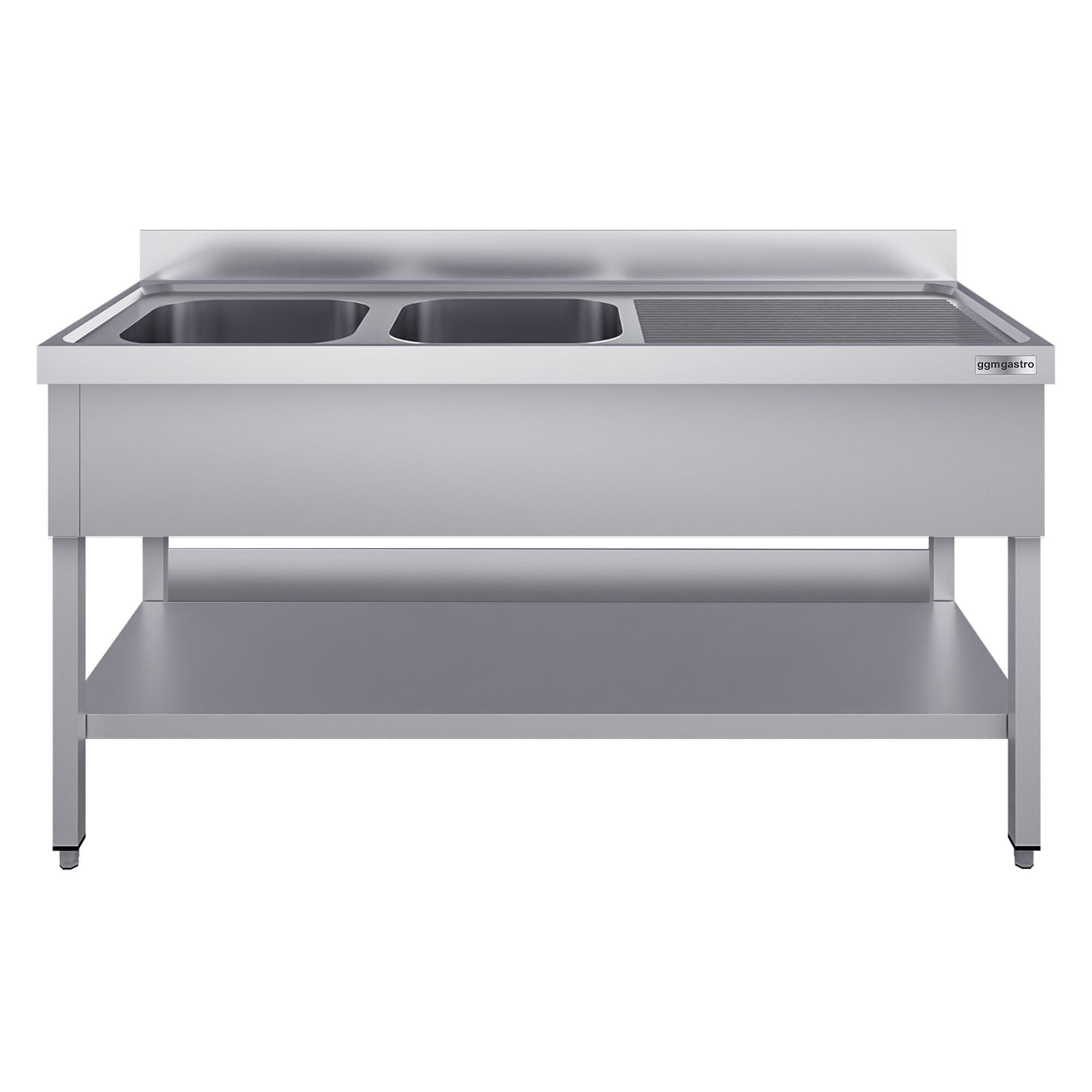 Stainless Steel Commercial Sink Unit ECO - 2000x700mm - with Double Bowl Left-hand - with Undershelf - with Upstand
