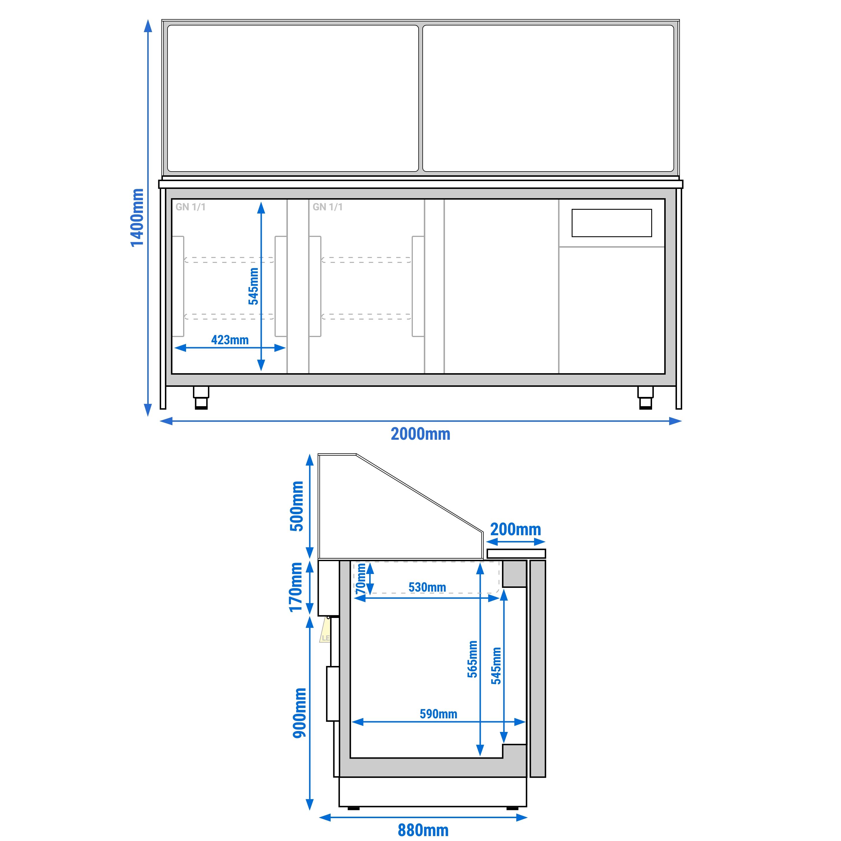 Saladette réfrigérée - 2000mm - façade décor bois bois naturel - 3 portes - avec vitrine de comptoir pour 5x GN 1/1 & 1 étagère - plan de travail en granit noir