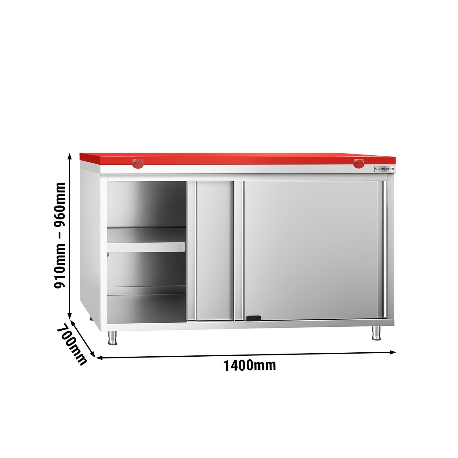 Table armoire en acier inoxydable PREMIUM - 1400x700mm - avec portes coulissantes - incl. plateau de découpe Rouge PEHD (HACCP) - pour viande crue