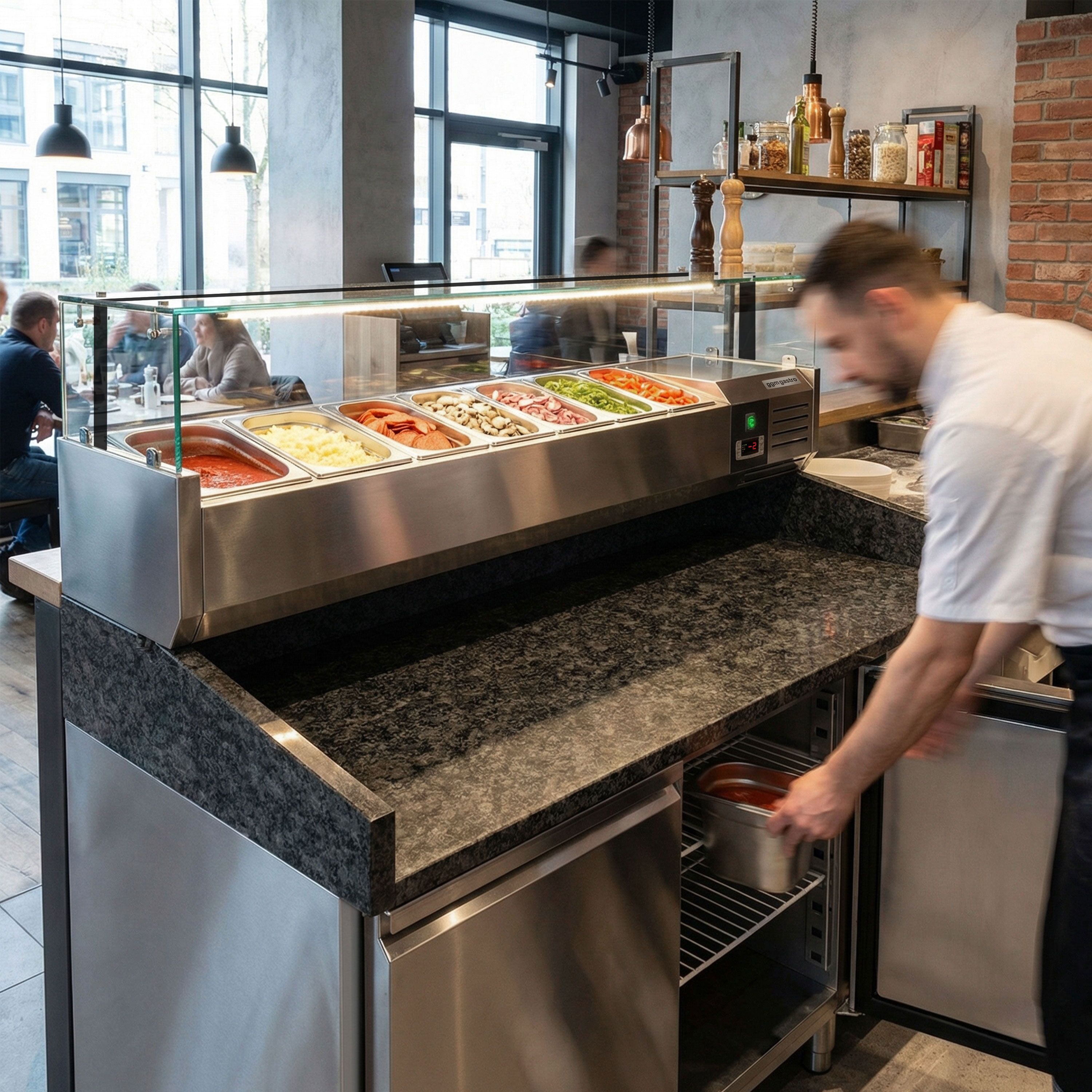 Table réfrigérée à pizza PREMIUM - 1500x800 mm - avec 2 portes - incl. vitrine réfrigérée LED - 7x GN 1/4