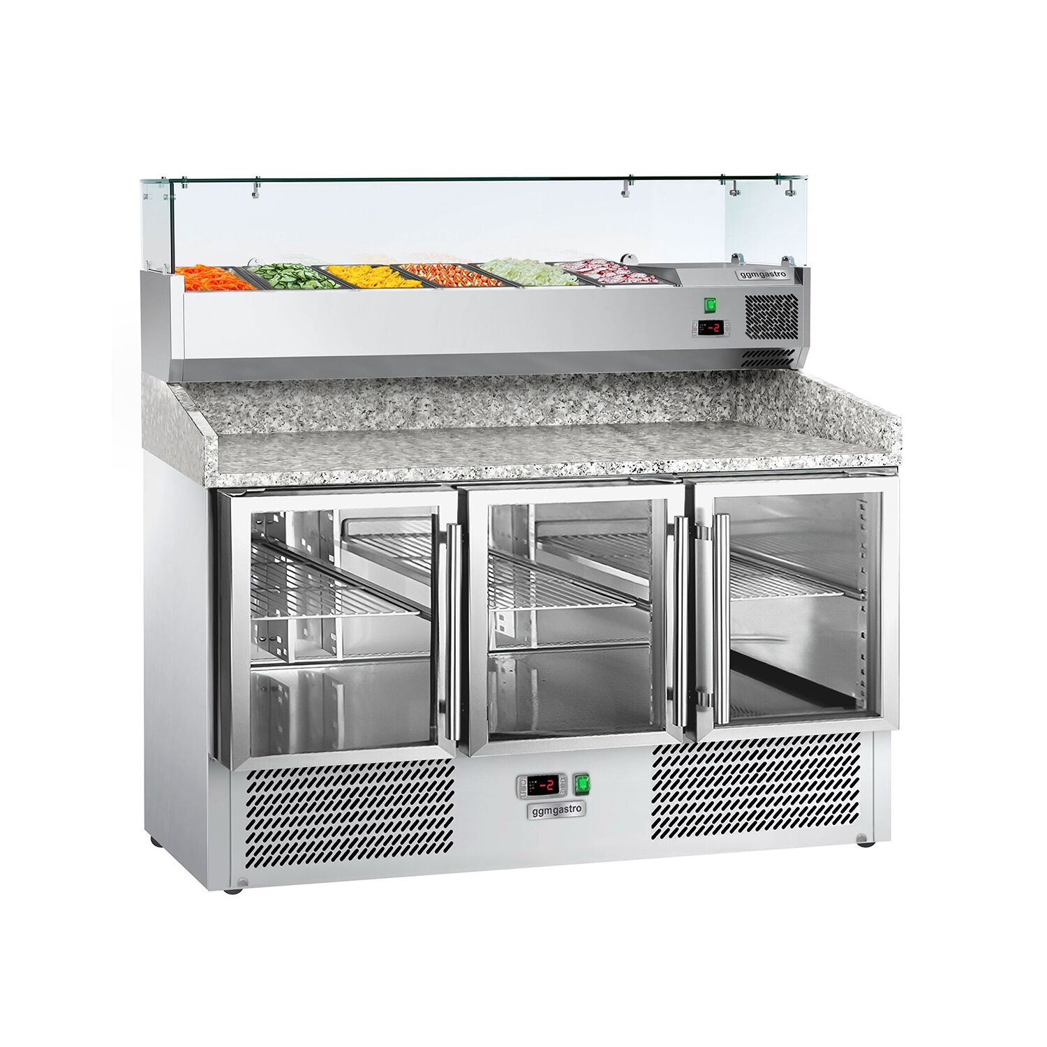Banco pizza refrigerato ECO - 1400x700mm - con 3 porte in vetro - piano in granito - con vetrina ingredienti refrigerata superiore - 6x GN 1/4