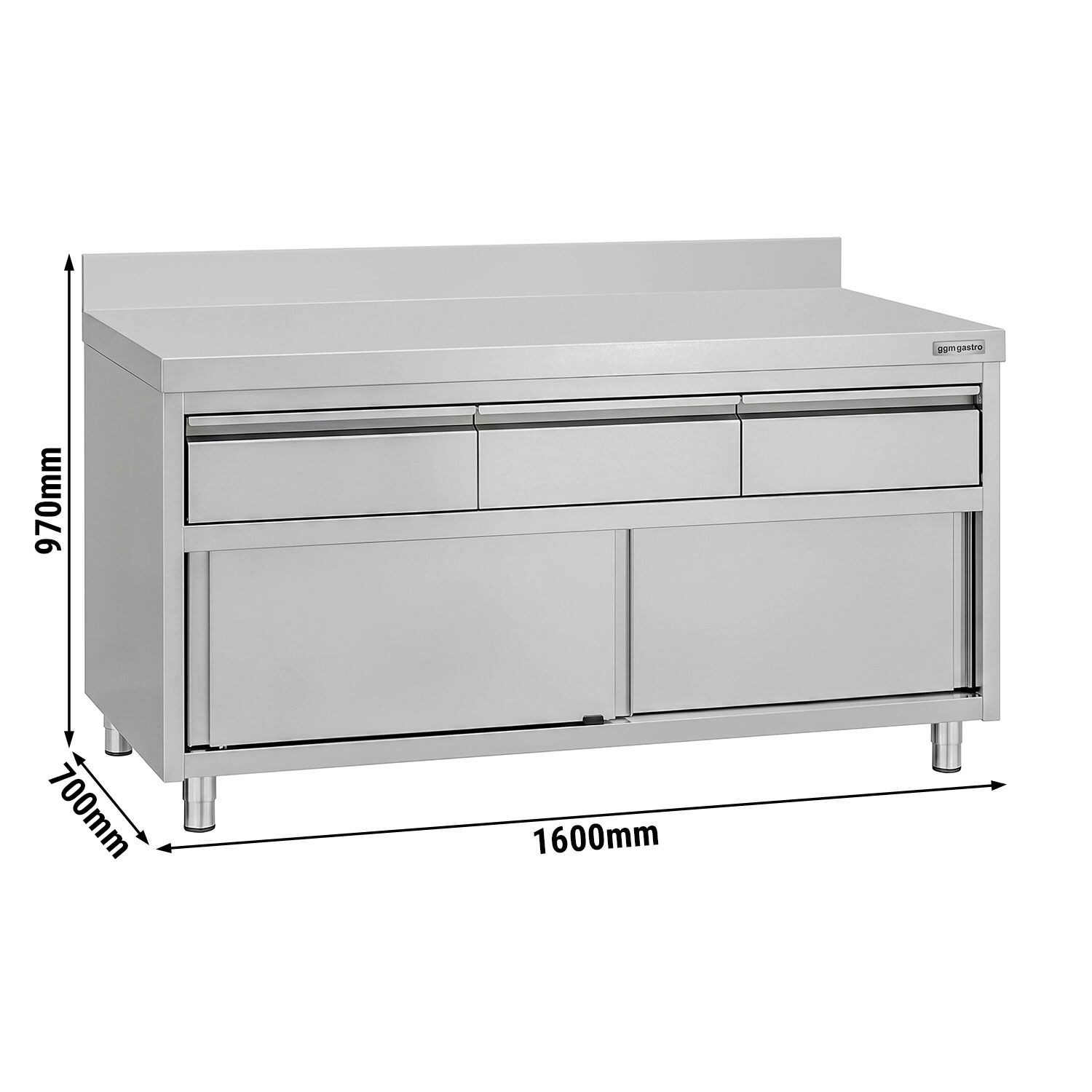 Roestvrijstalen werkkast ECO - 1600 x 700 mm - met 3 lades en opstaande rand