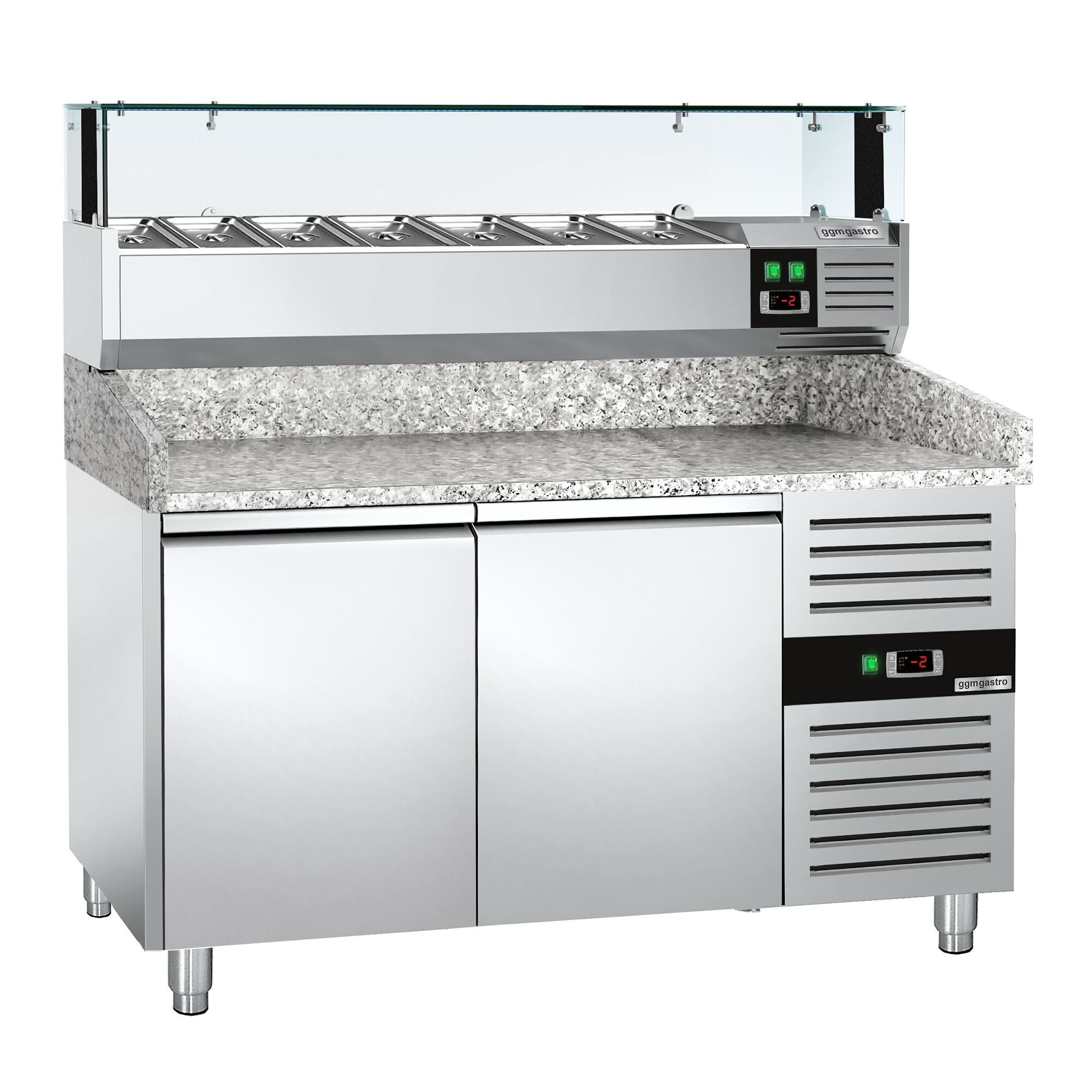 Table réfrigérée pour pizza PREMIUM - 1500 x 800 mm - avec 2 portes - incl. vitrine réfrigérée avec LED - 7 x GN 1/4
