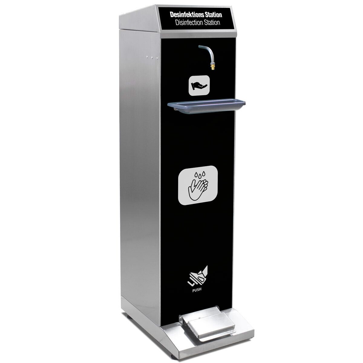 Station de désinfection - 5000-10000ml - Acier inoxydable - sur pied, commande au pied, bac de récupération, compatible gel hydroalcoolique, vrac/réservoir rechargeable