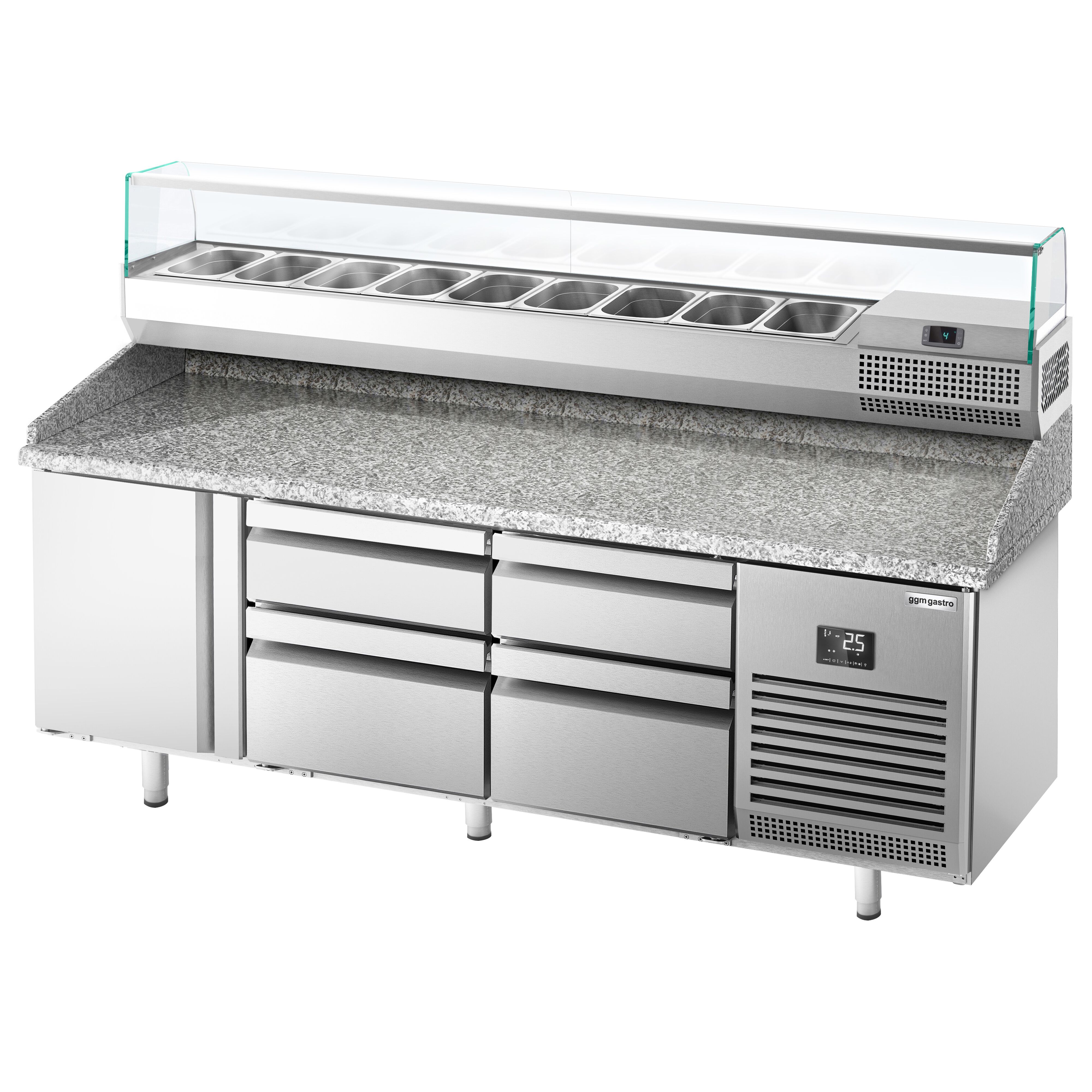 Table réfrigérée à pizza Premium PLUS - 1980x700 mm - avec 1 porte & 4 tiroirs - incl. vitrine réfrigérée - 9x GN 1/4