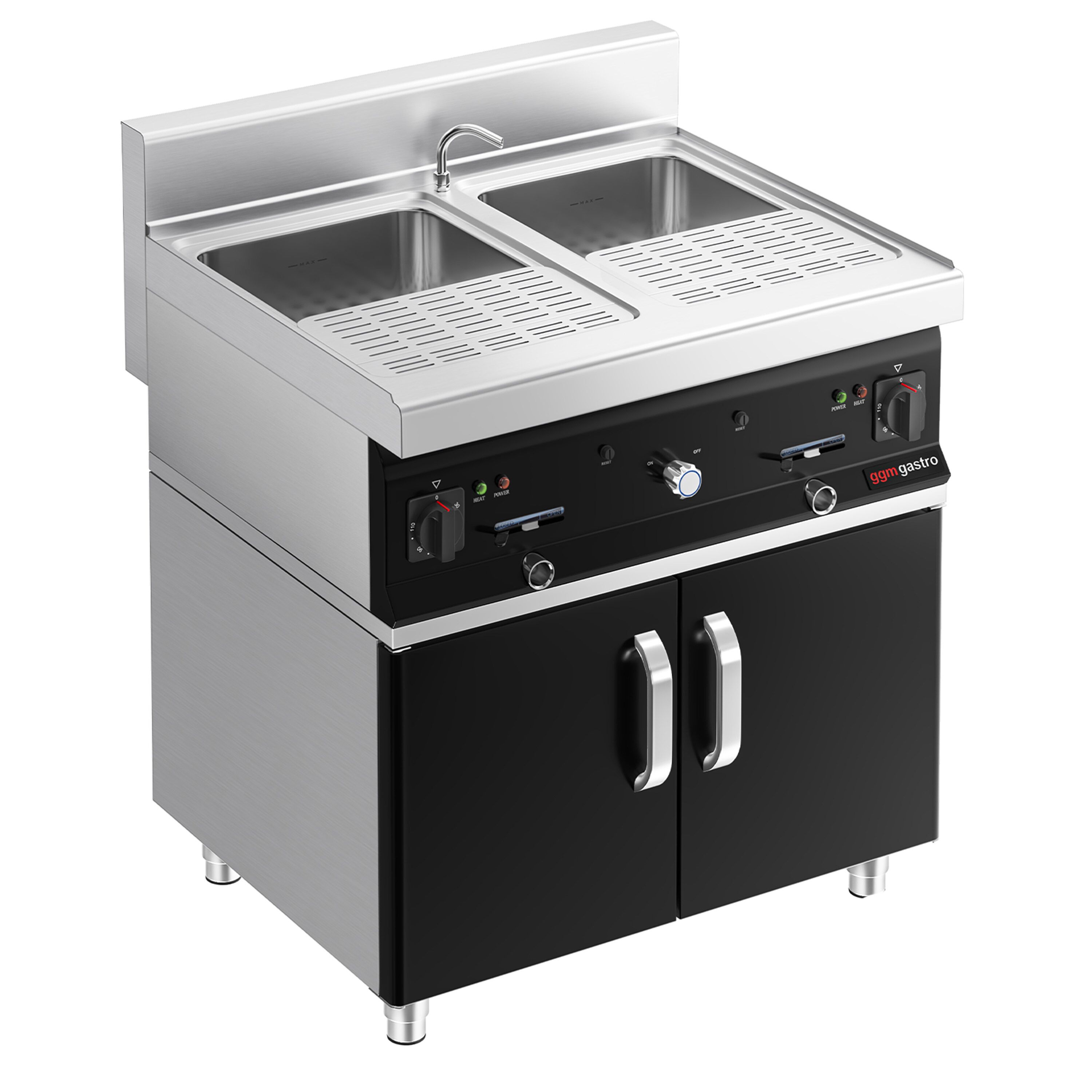 Cuiseur à pâtes électrique avec robinet – 2 × 26 L – 12 kW – incl. soubassement avec 2 portes