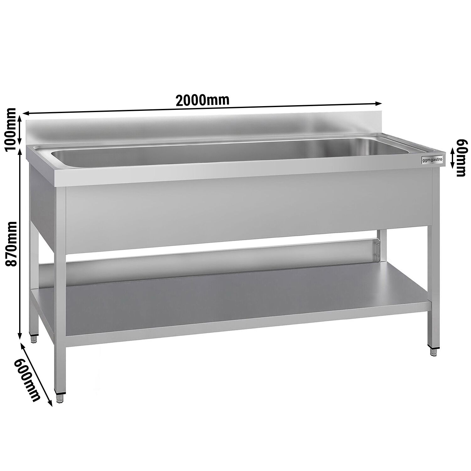 ECO pot washing table - 2000x600mm - with 1 basin