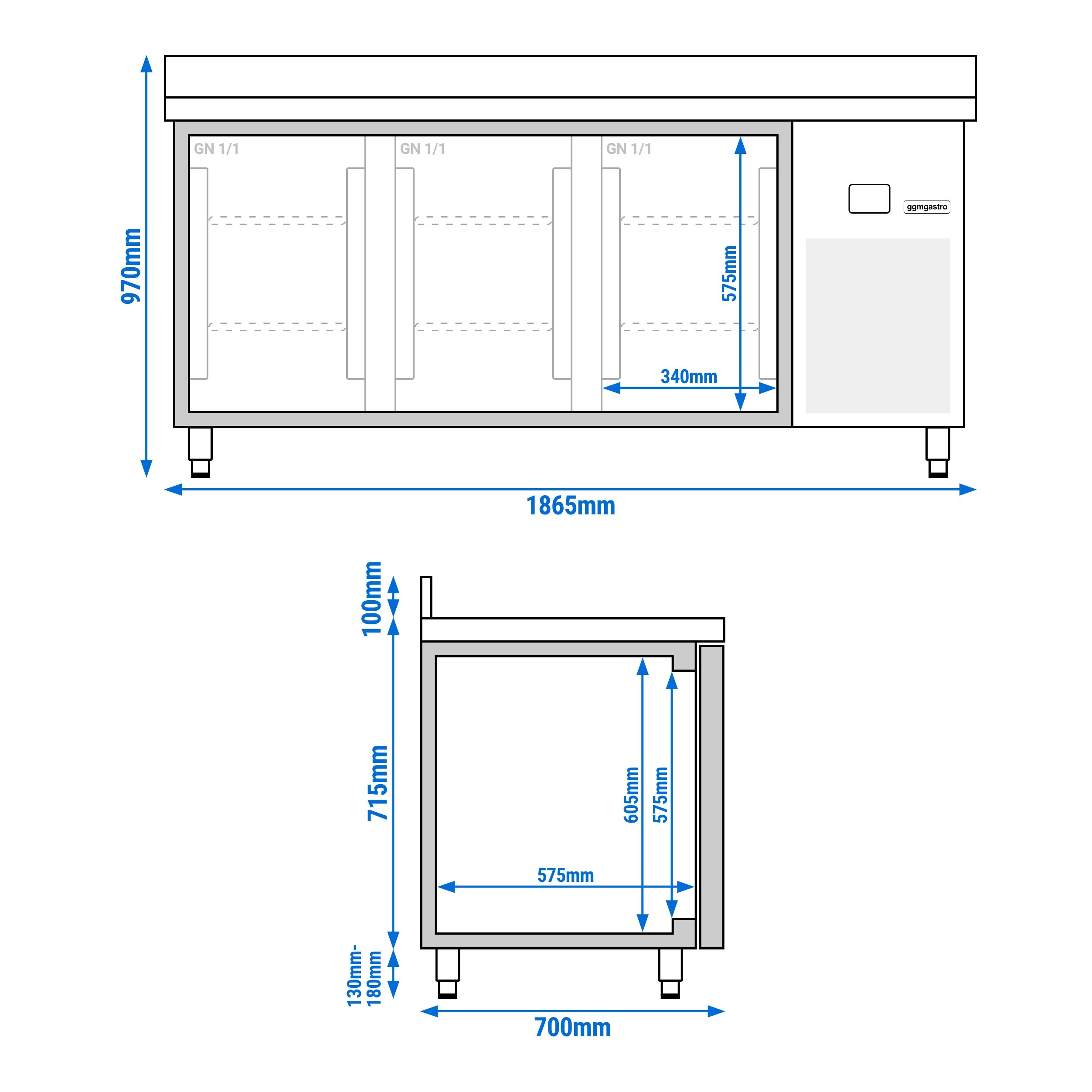 Table réfrigérée PREMIUM - 1865 x 700 mm - avec 3 portes - dosseret