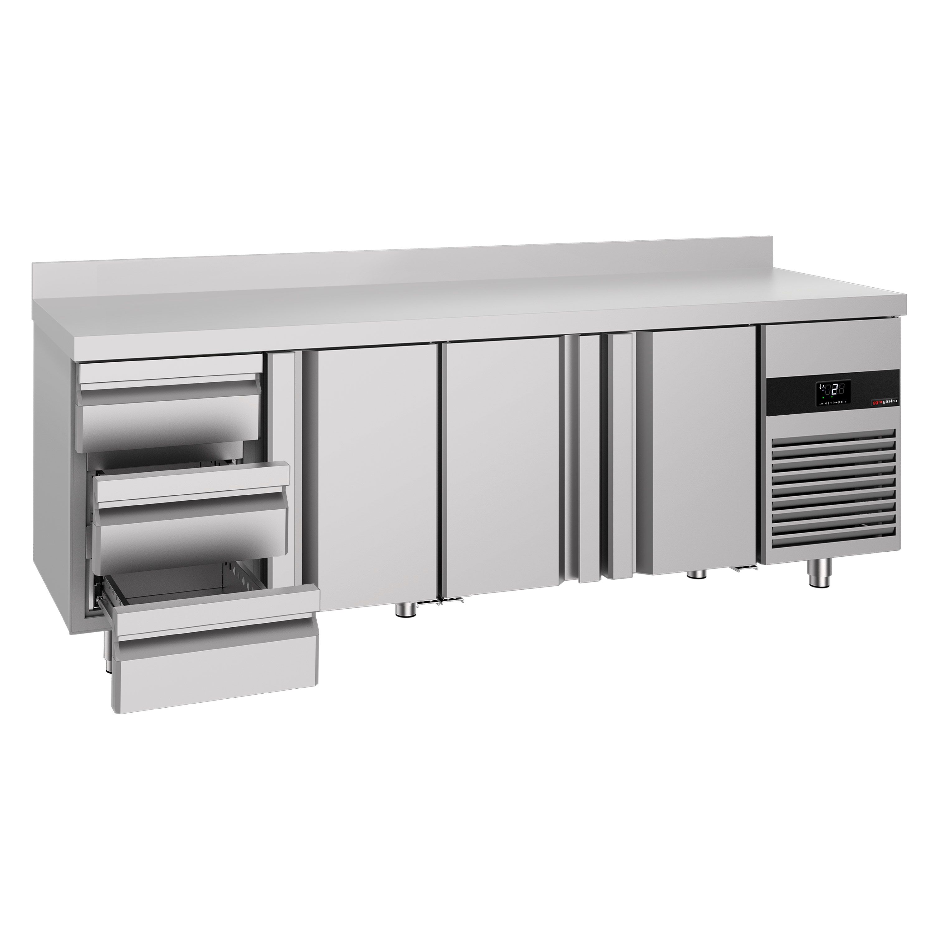 Table réfrigérée PREMIUM - 2330 x 700 mm - avec 3 portes - 3 tiroirs - avec dosseret