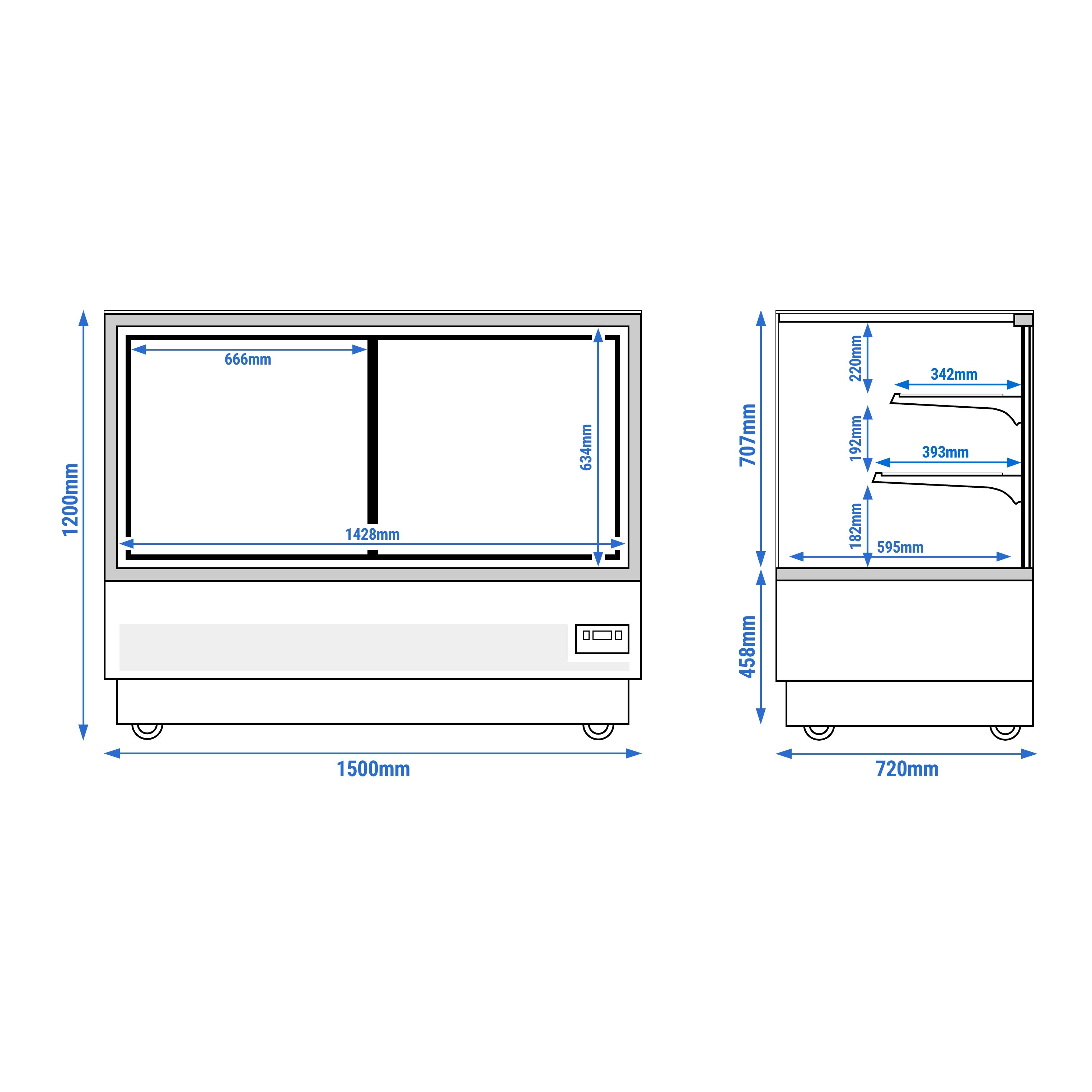 Vitrine à pâtisserie réfrigérée - 580L - 1500mm - Double vitrage - avec 2 étagères en verre - portes coulissantes vitrées arrière - Noir
