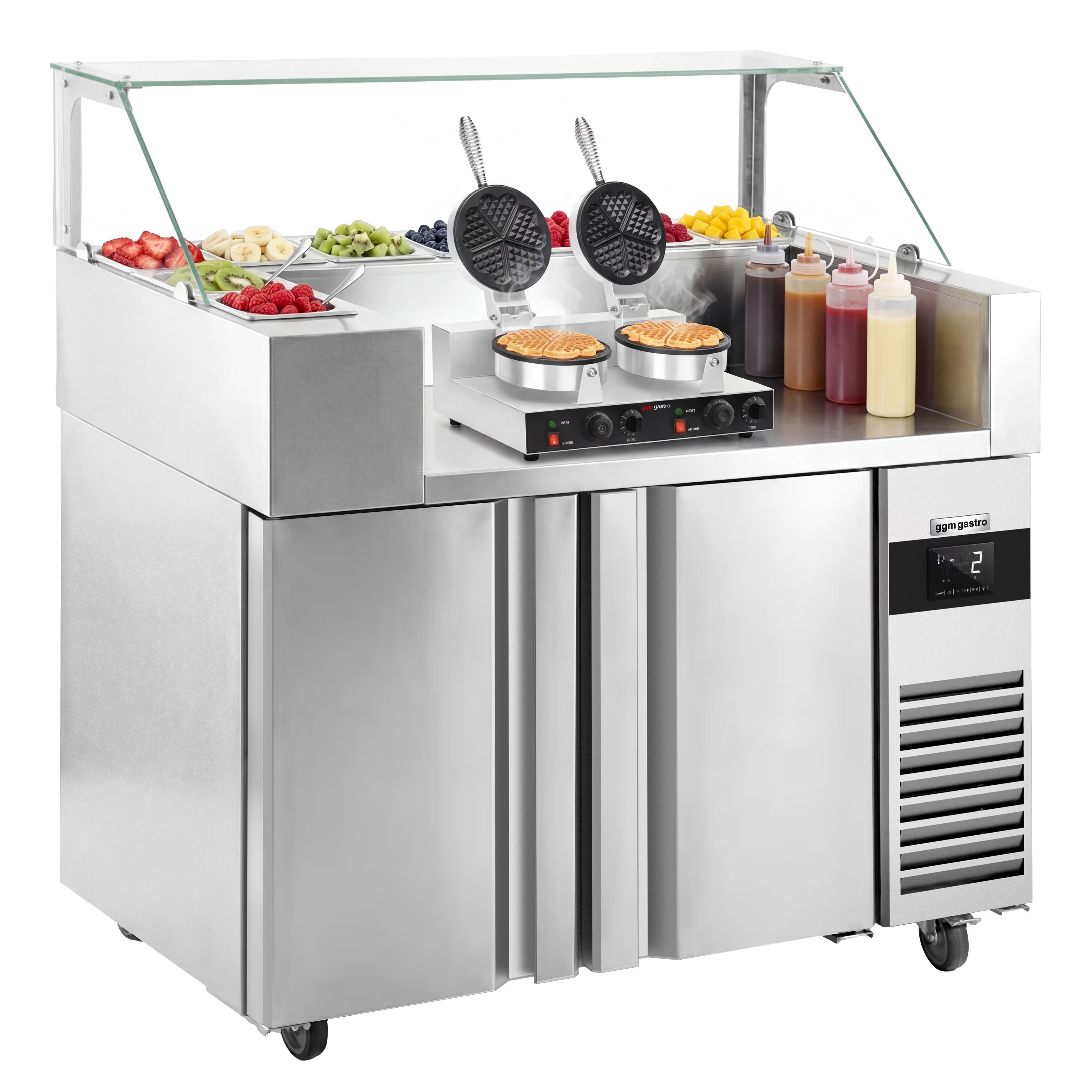 Table de préparation – 1210 mm – 2 portes – pour 9× GN 1/6 – incl. Gaufrier – Forme cœur