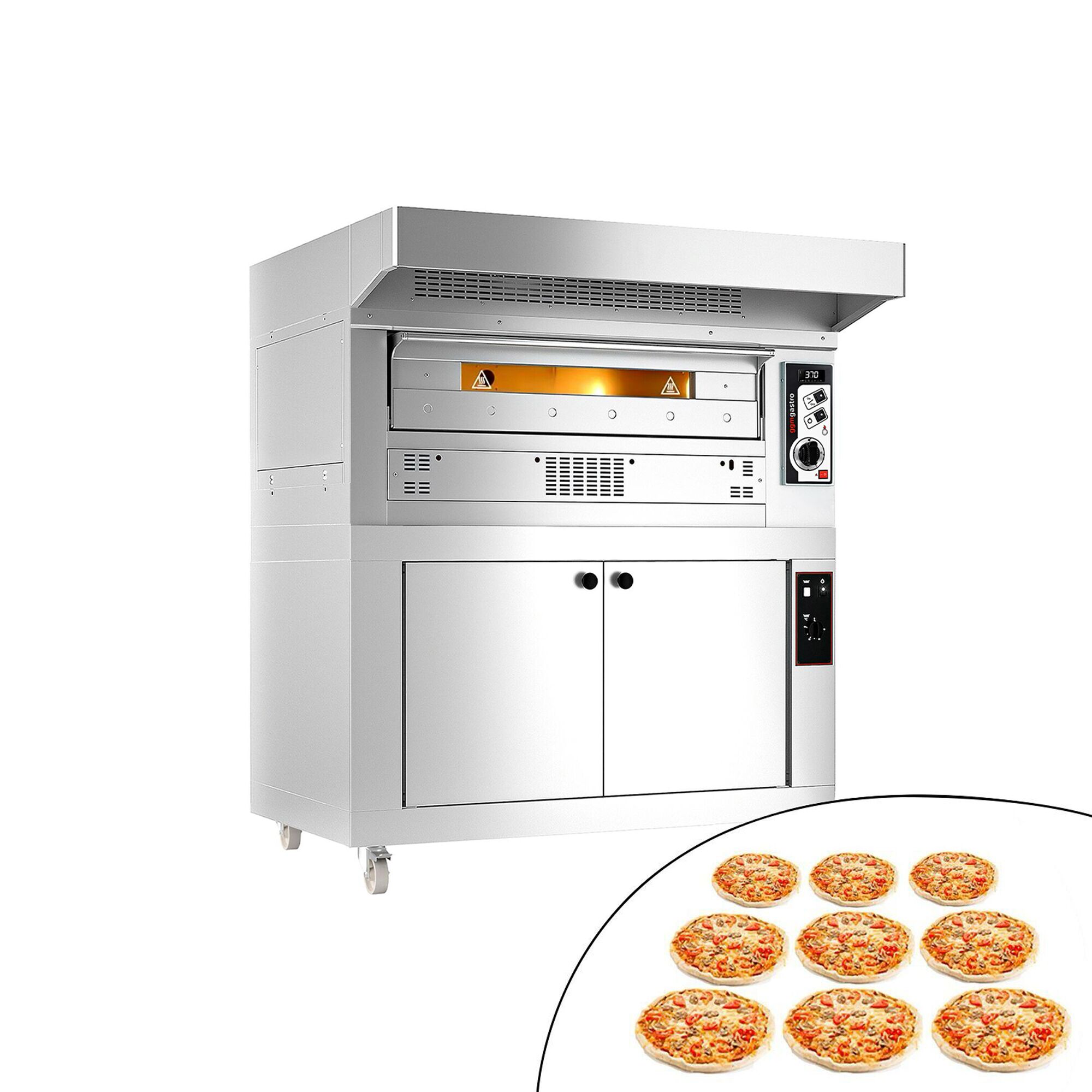 Four à pizza à gaz - 9 x 33 cm - Manuel - avec hotte, armoire de fermentation et 2 cadres
