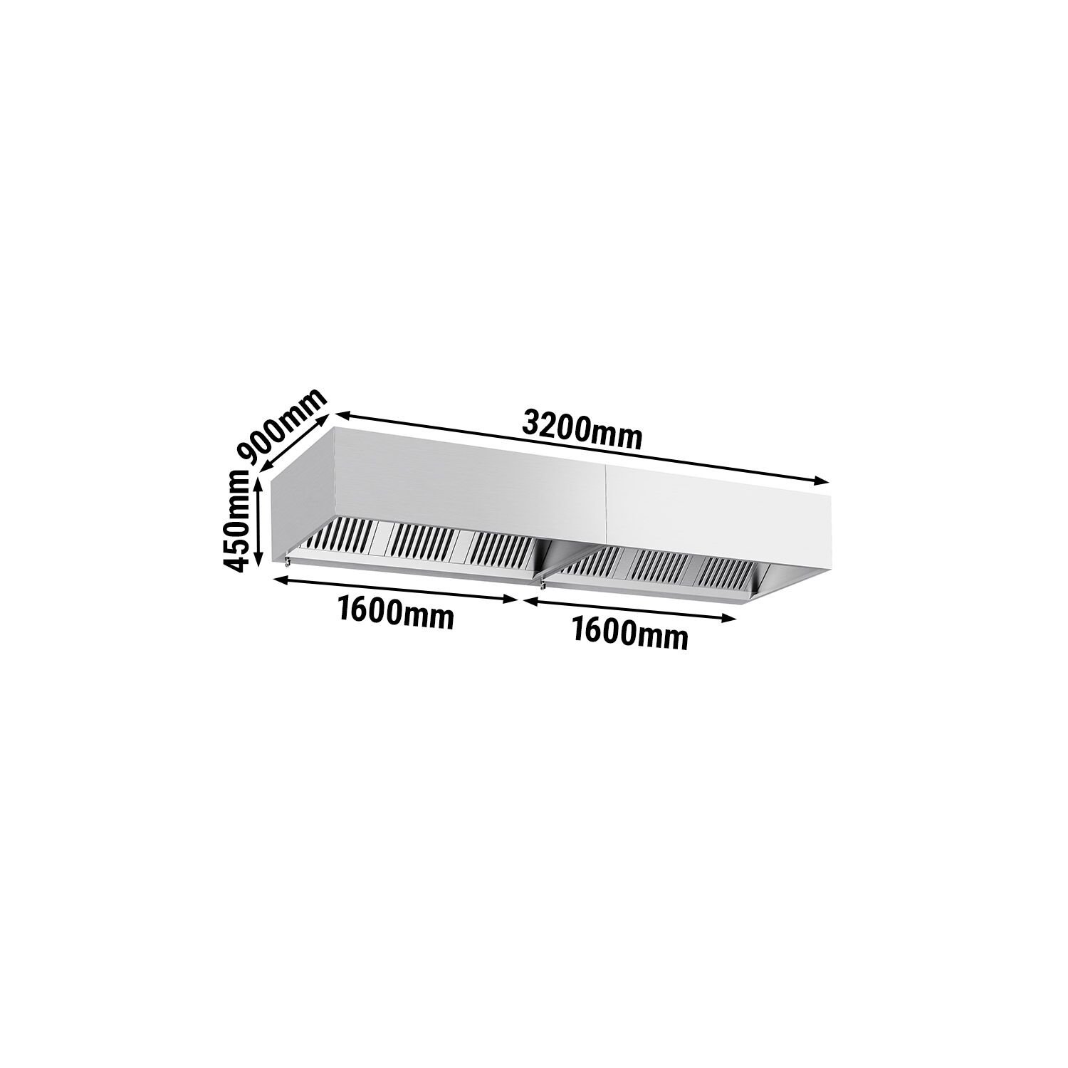 Hotte à adosser professionnelle - Profondeur 900 - 3200mm - sans moteur - avec filtres et éclairage