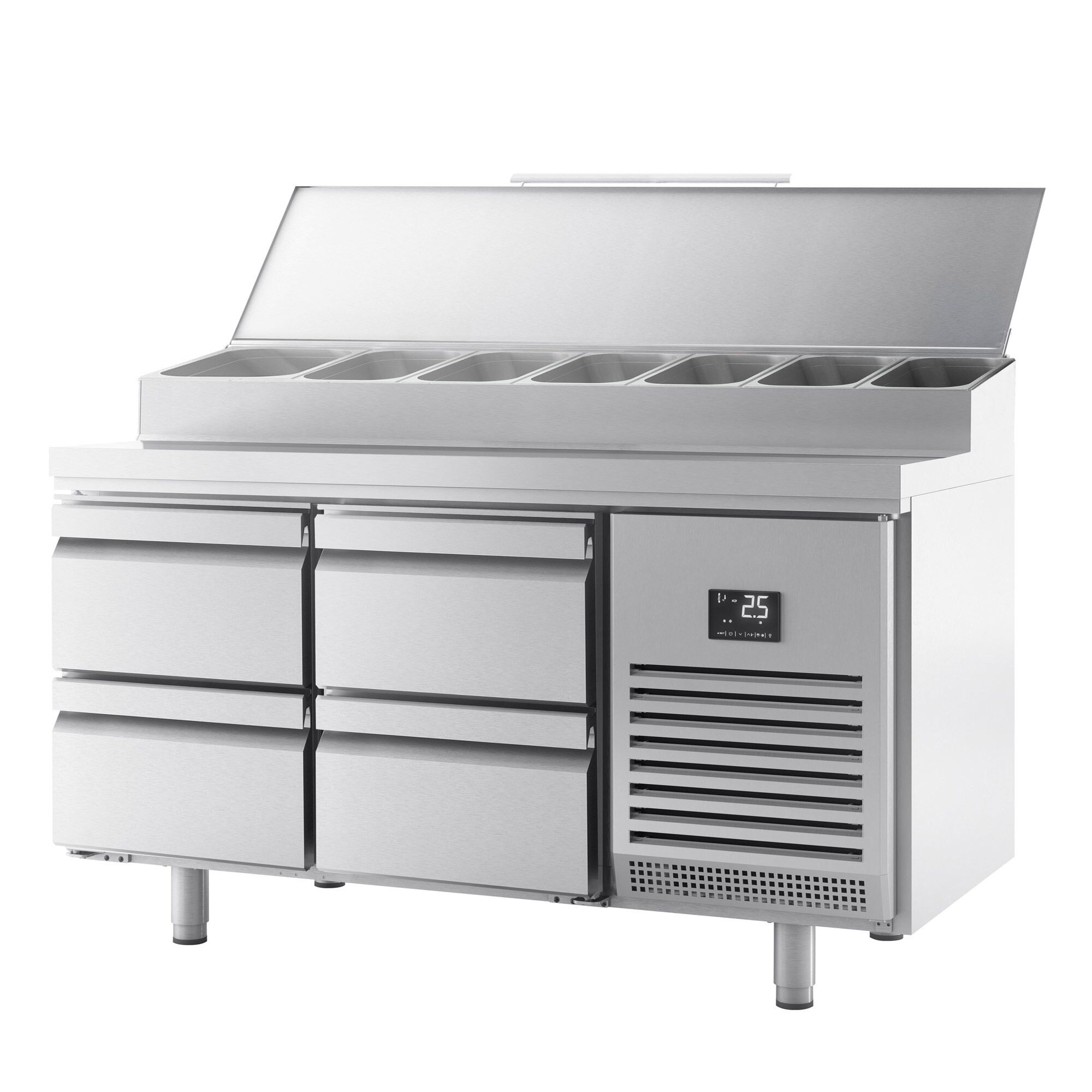 Table réfrigérée de préparation - 1468 x 700 mm - avec 4 tiroirs - avec superstructure en inox 1 x GN 1/2 et 6 x GN 1/3