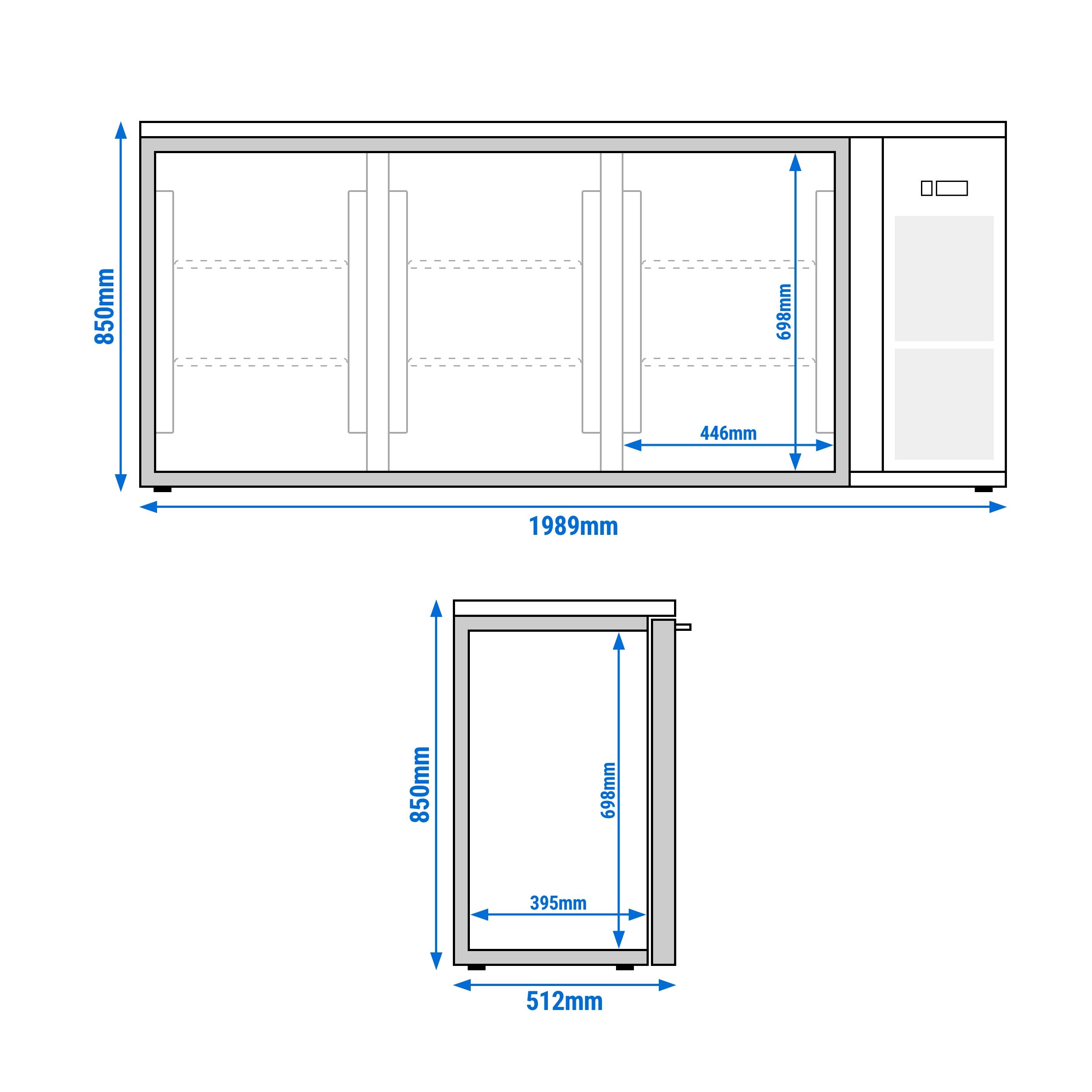 Arrière-bar réfrigéré professionnel  Premium PLUS - 1989 x 528 mm - 410 litres - avec 3 portes battantes en verre
